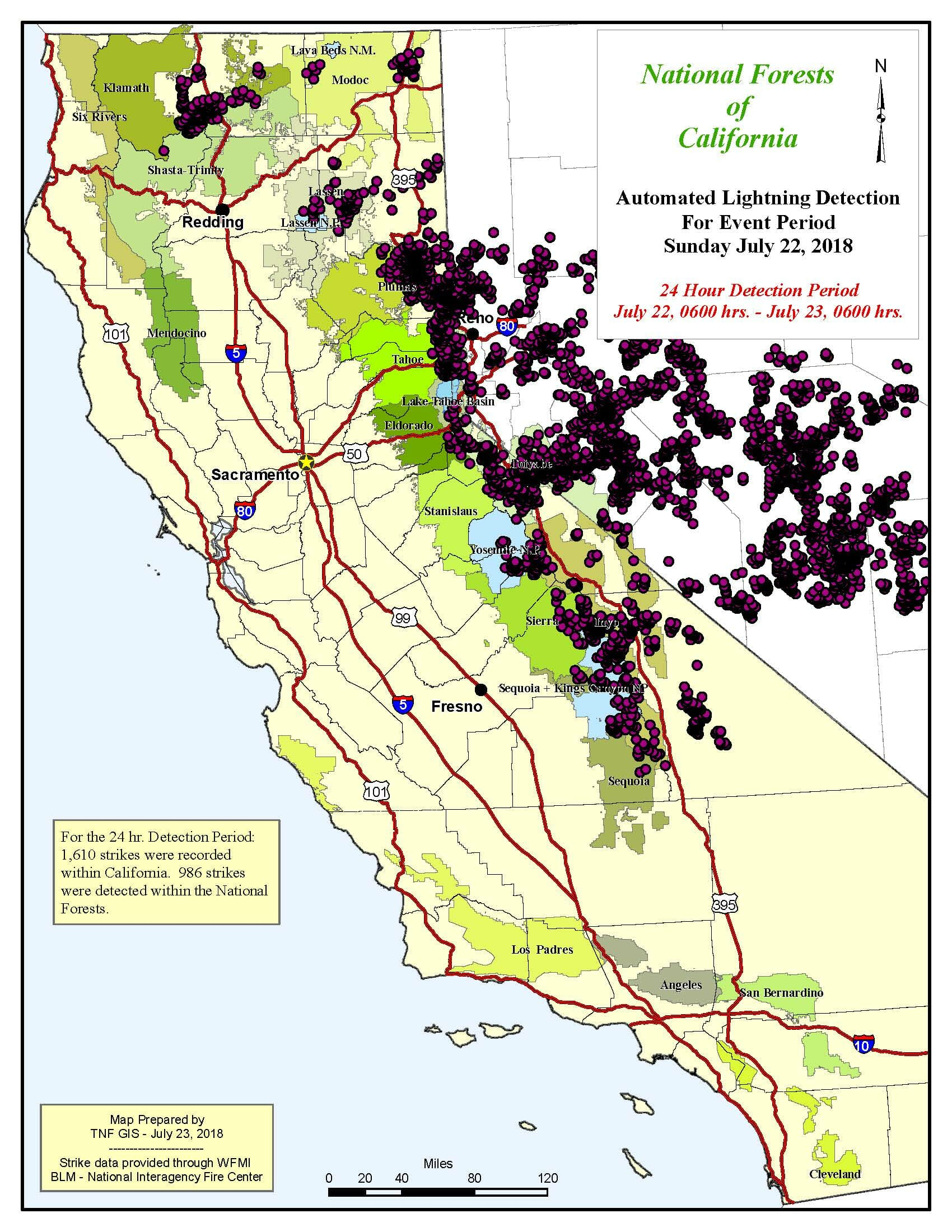 1,610 Lightning Strikes Hit California On Sunday, Mostly Along The - Lightning Map California