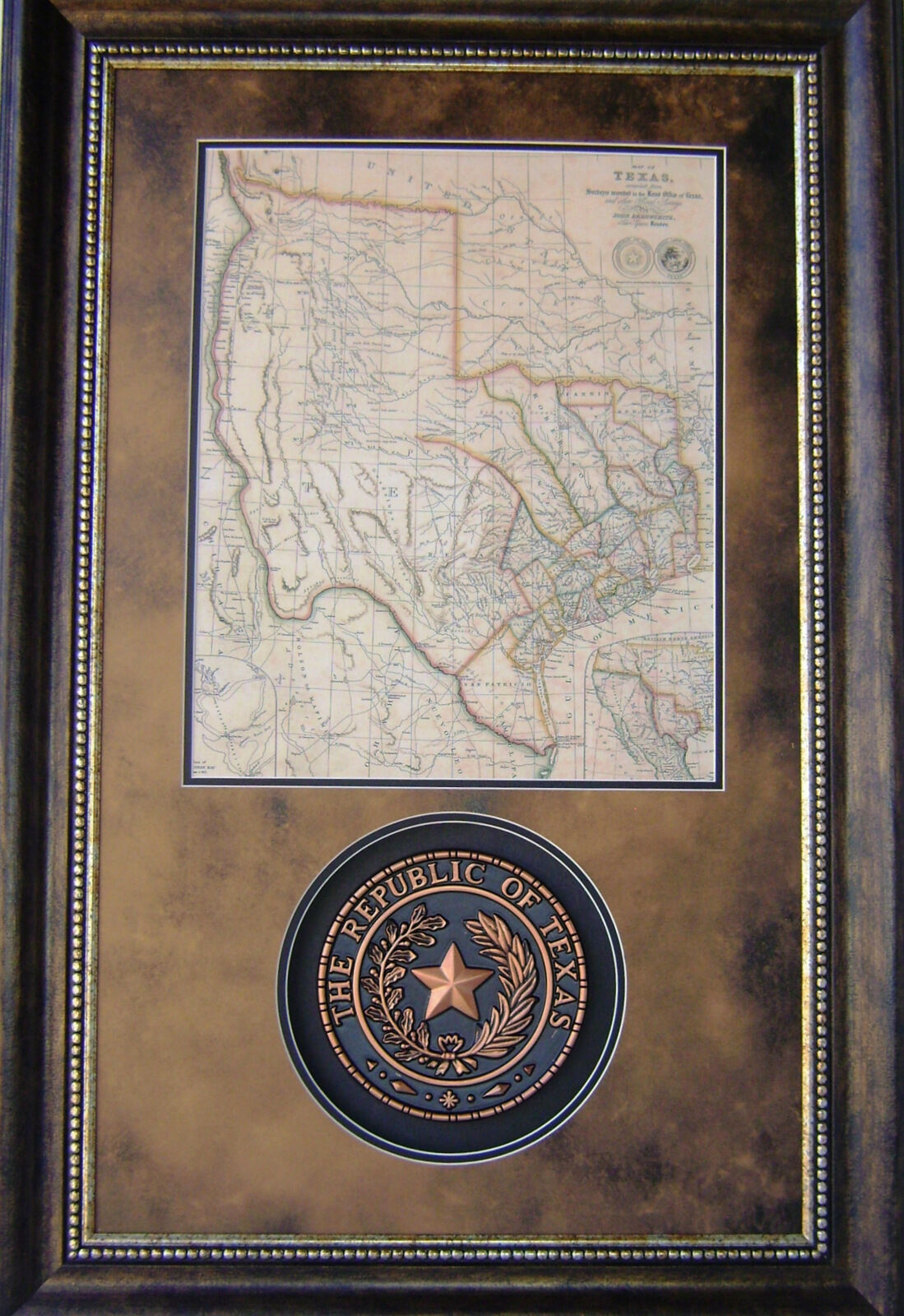3D113 Republic Of Texas Seal W/ Republic Of Tx Map Western Art - Republic Of Texas Map Framed