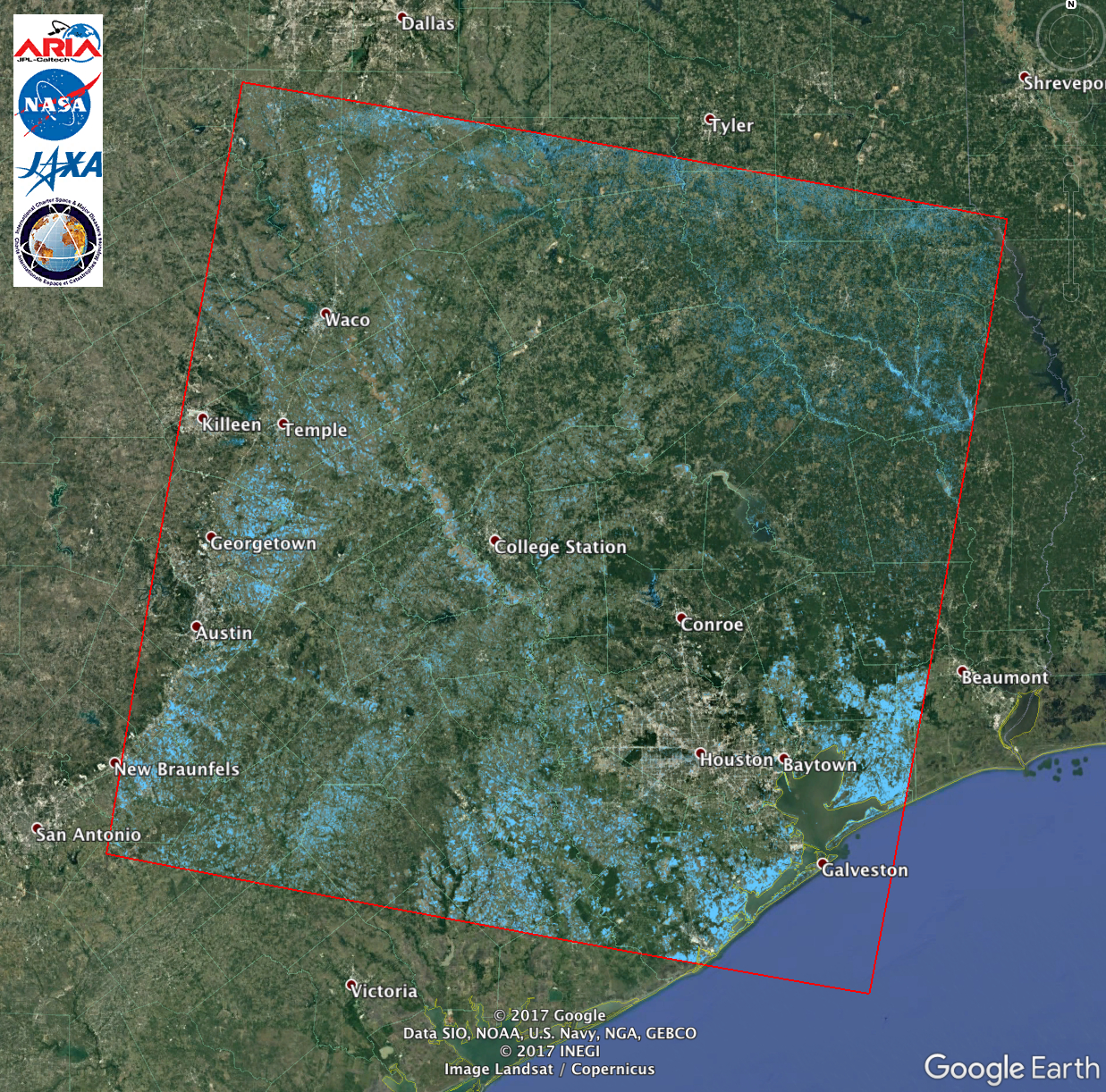 Aria Alos-2 Flood Proxy Map Of Texas Flooding From Harvey | Nasa - Map Of Flooded Areas In Texas