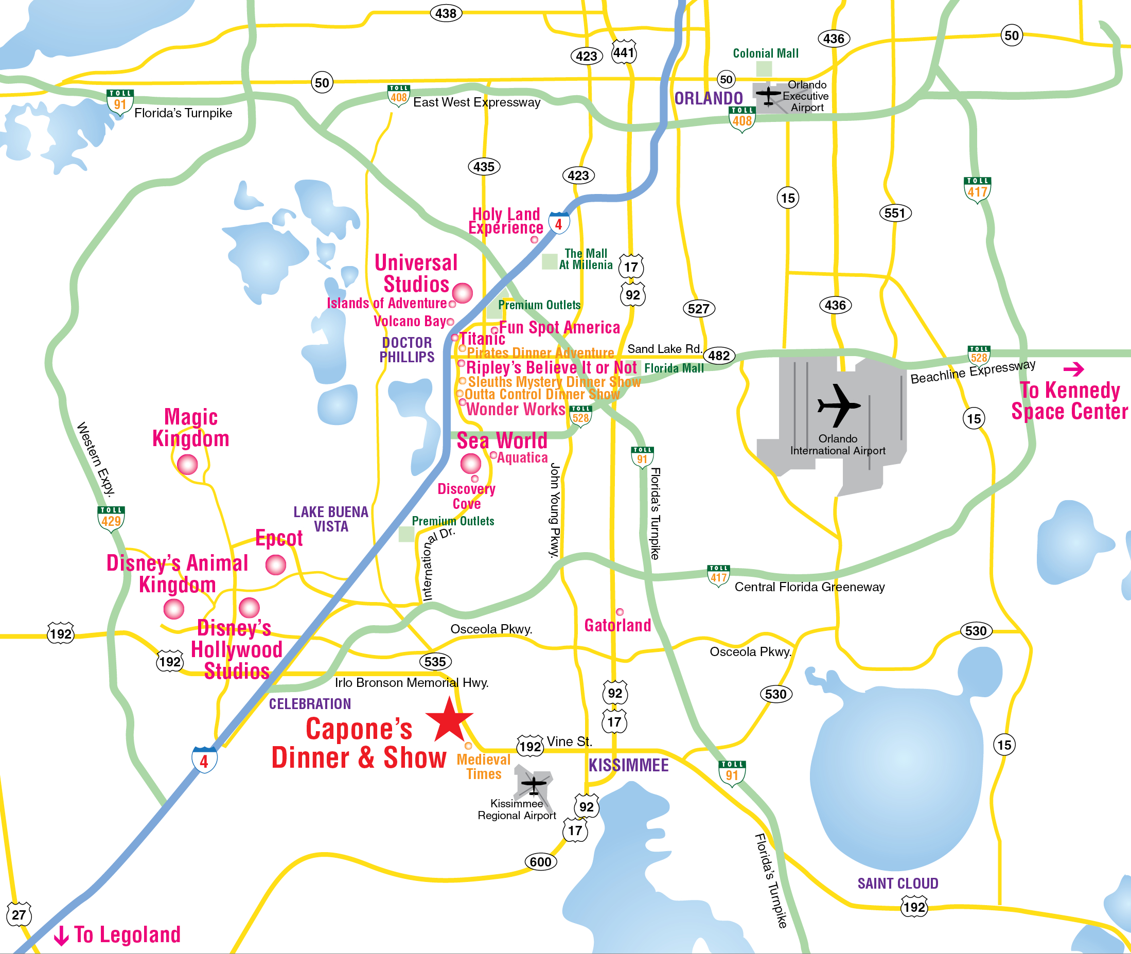 Attractions Map : Orlando Area Theme Park Map : Alcapones - Orlando Florida Theme Parks Map