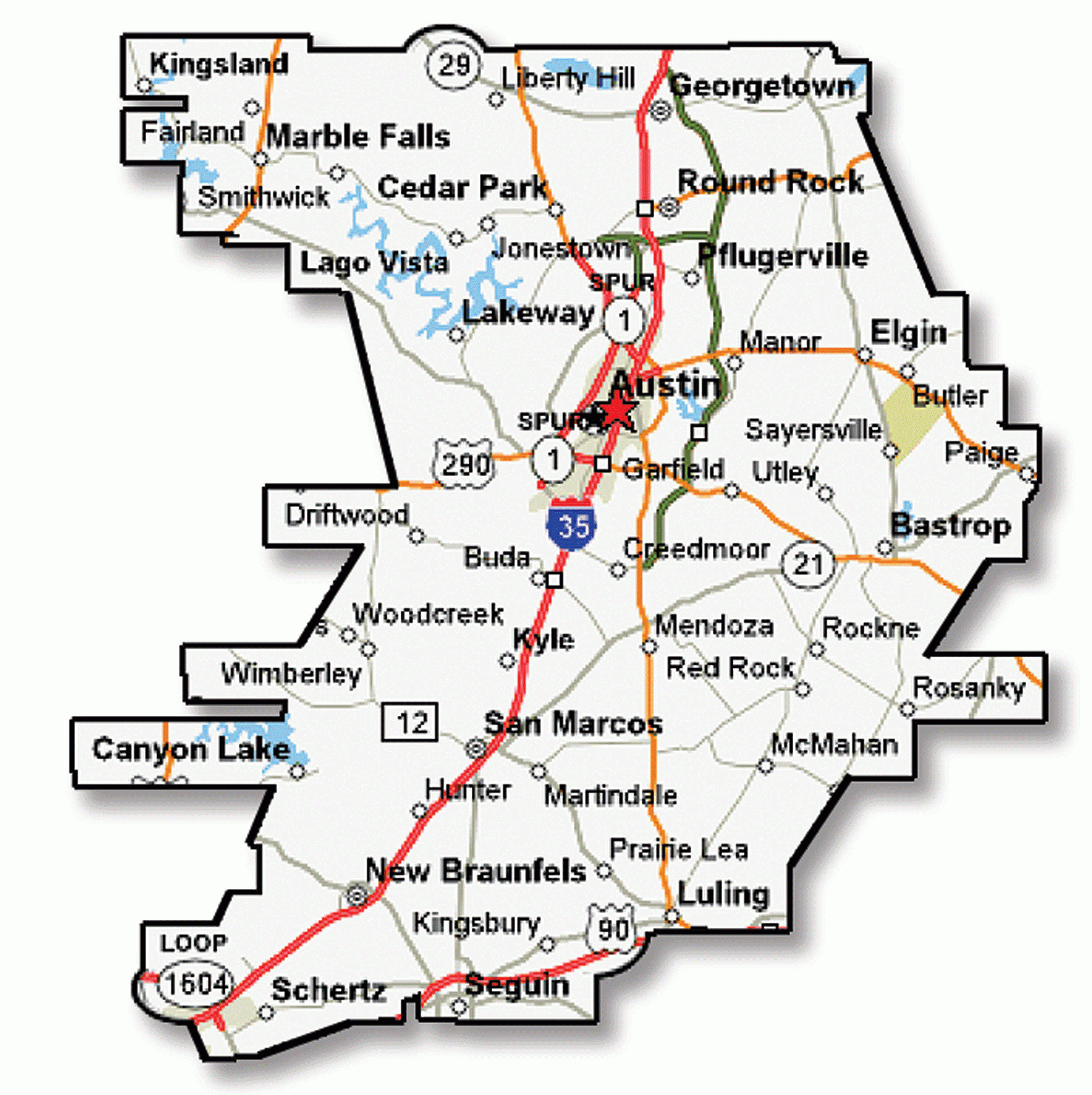 Austin Highway Map - Austin Tx Usa • Mappery - Where Is Marble Falls Texas On The Map