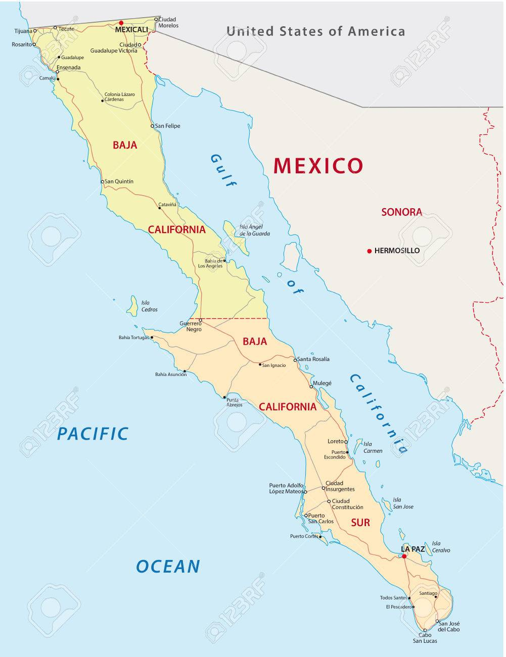 Baja California Road And Administrative Map Royalty Free Cliparts - Baja California Road Map