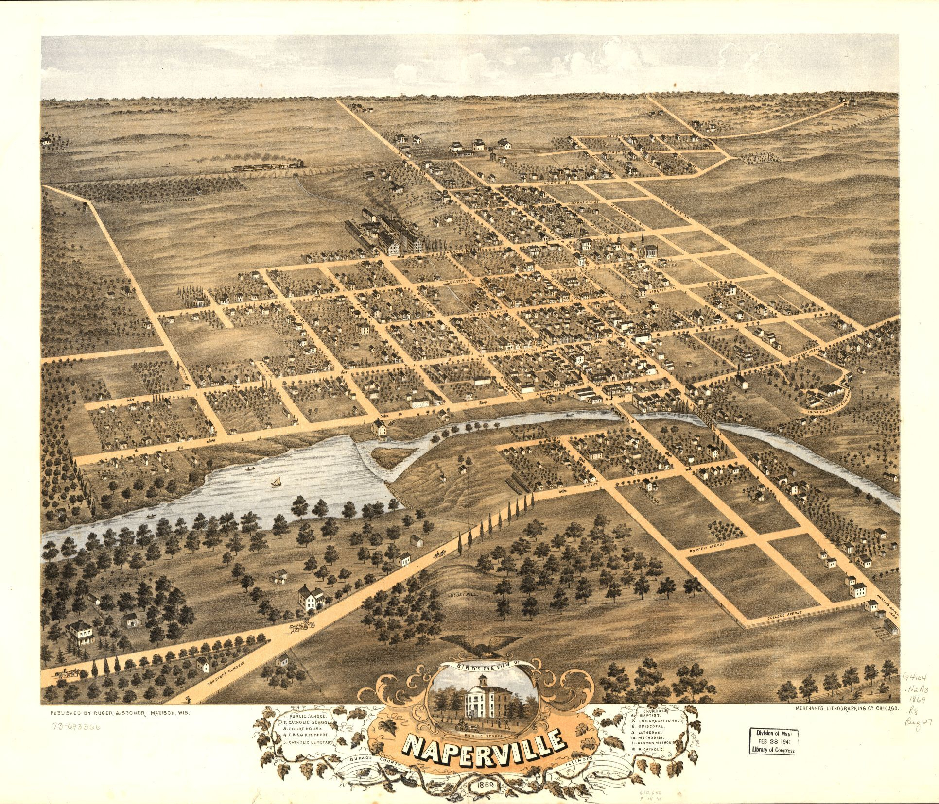 Bird&amp;#039;s Eye View Of Naperville, Dupage County, Illinois 1869 - Printable Map Of Naperville Il