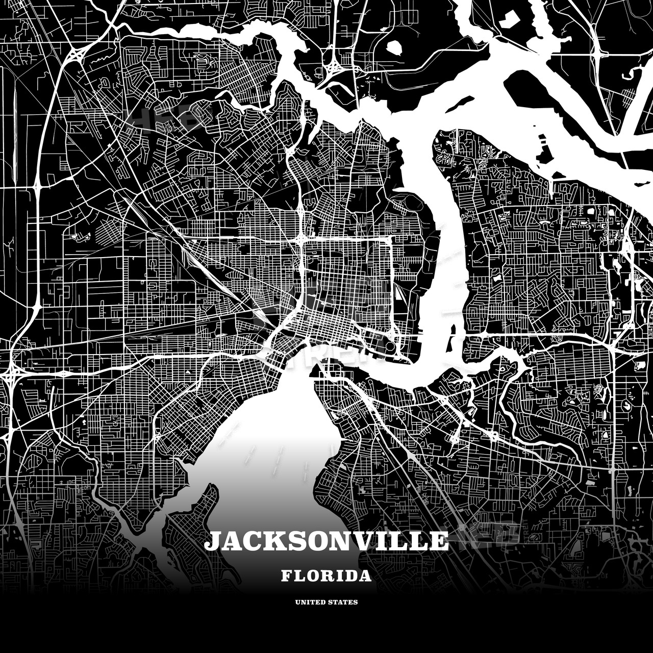 Black Map Poster Template Of Jacksonville, Florida, Usa | Hebstreits - Florida Map Poster