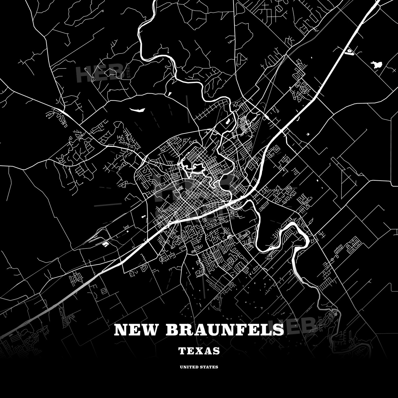 Black Map Poster Template Of New Braunfels, Texas, Usa | Hebstreits - Texas Map Poster