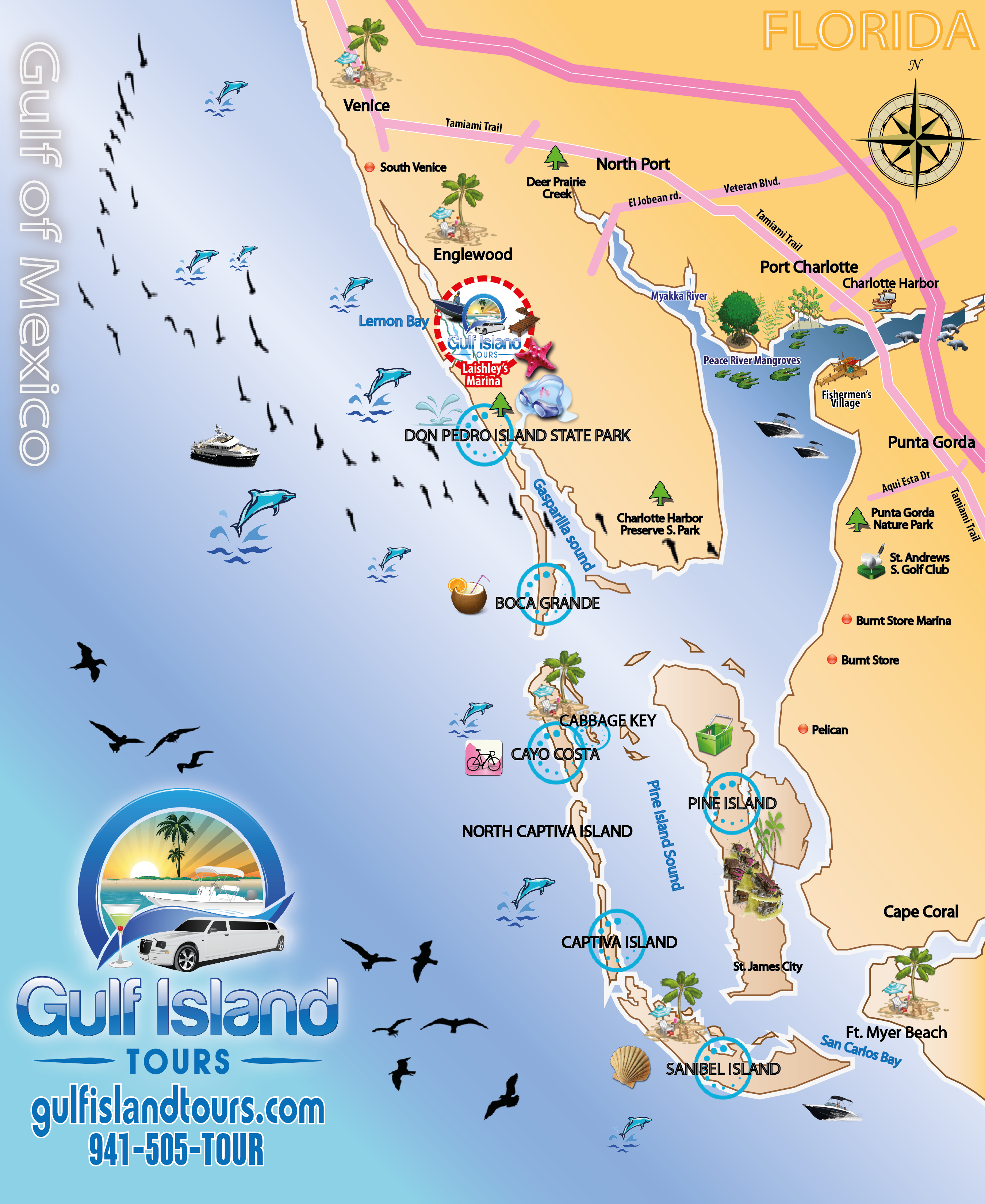 Boat Tours Englewood Fl - 941-505-8687 - Gulf Island Tours Offers - Captiva Island Florida Map
