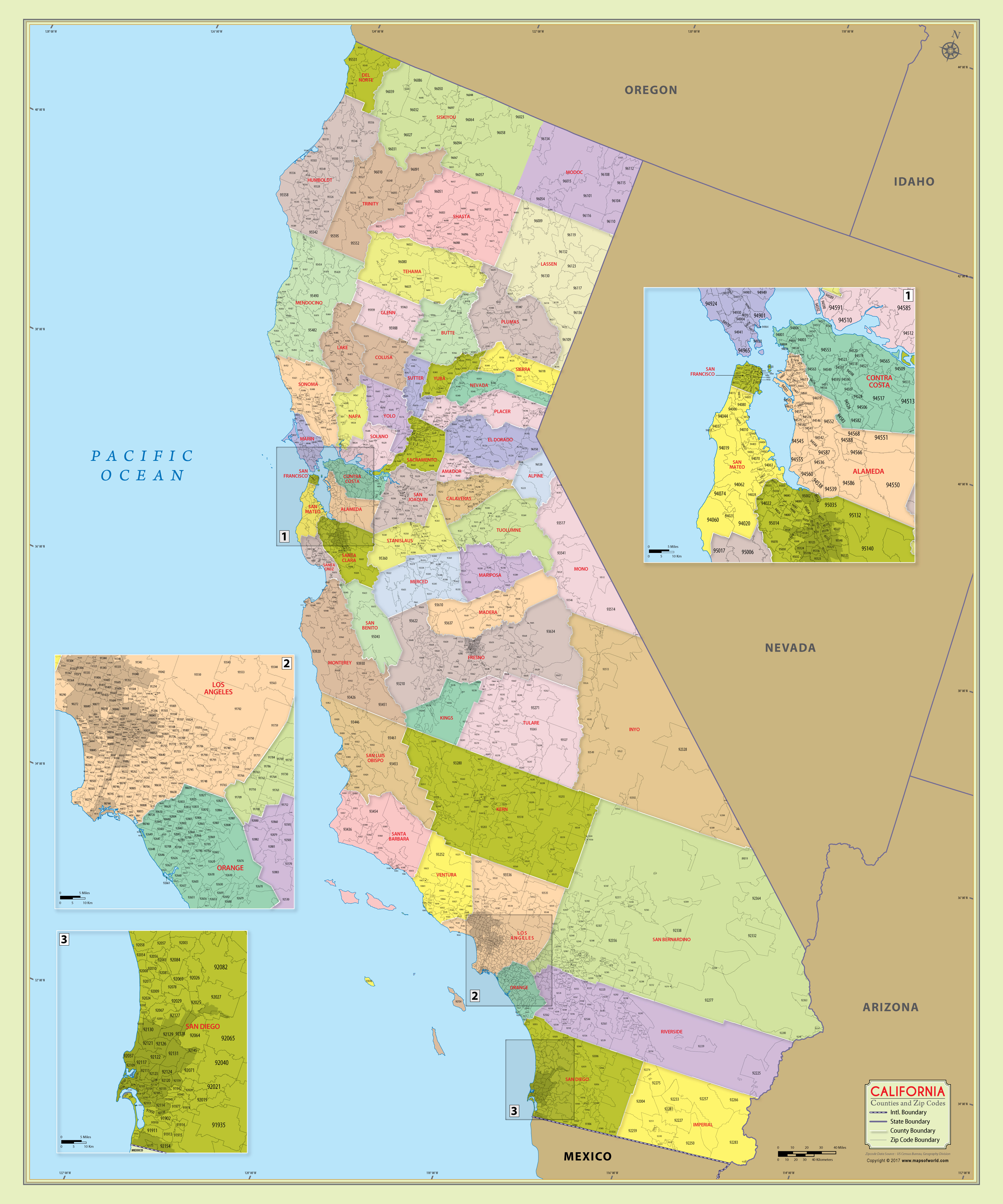 Buy California Zip Code Map With Counties - Buy Map Of California