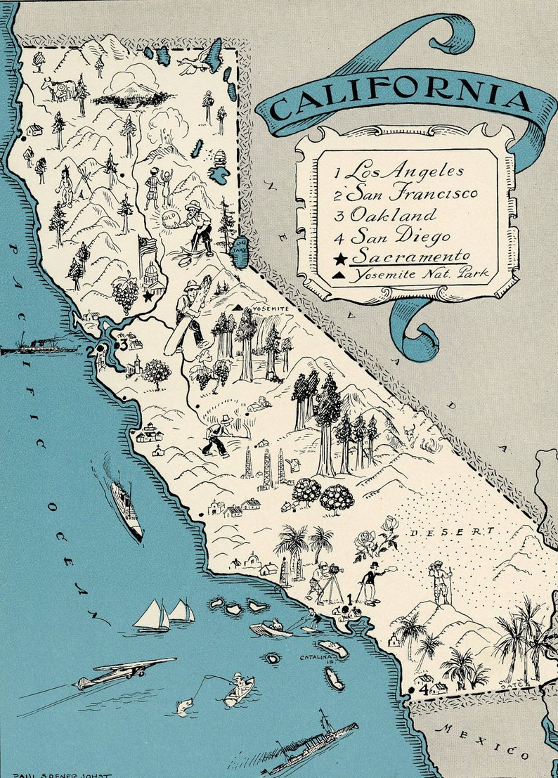 California Map Art High Res Digital Image 1930S Vintage Picture Map - California Map Art