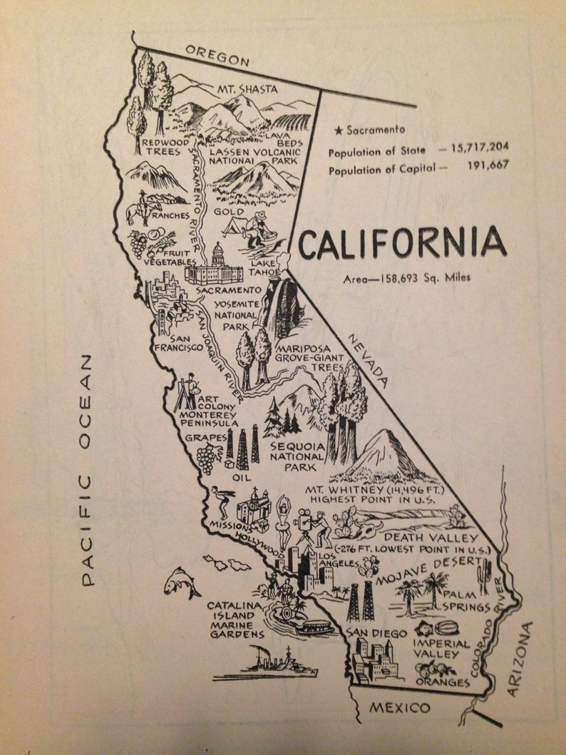 California Map Coloring Book Page / Vintage Map Art / 1950S | Etsy - California Map Book
