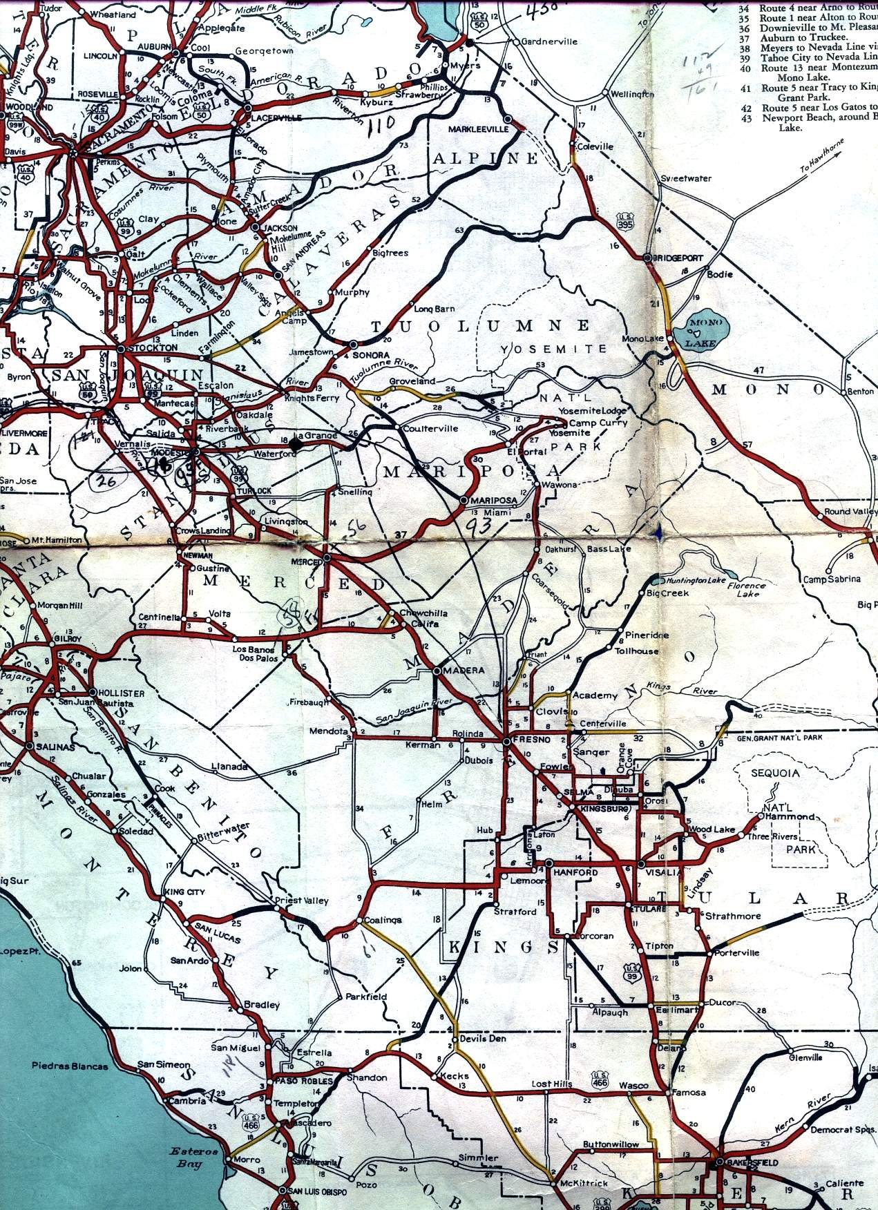 California Road Signs And Sights Gallery: Section Of 1936 Official - Central California Road Map