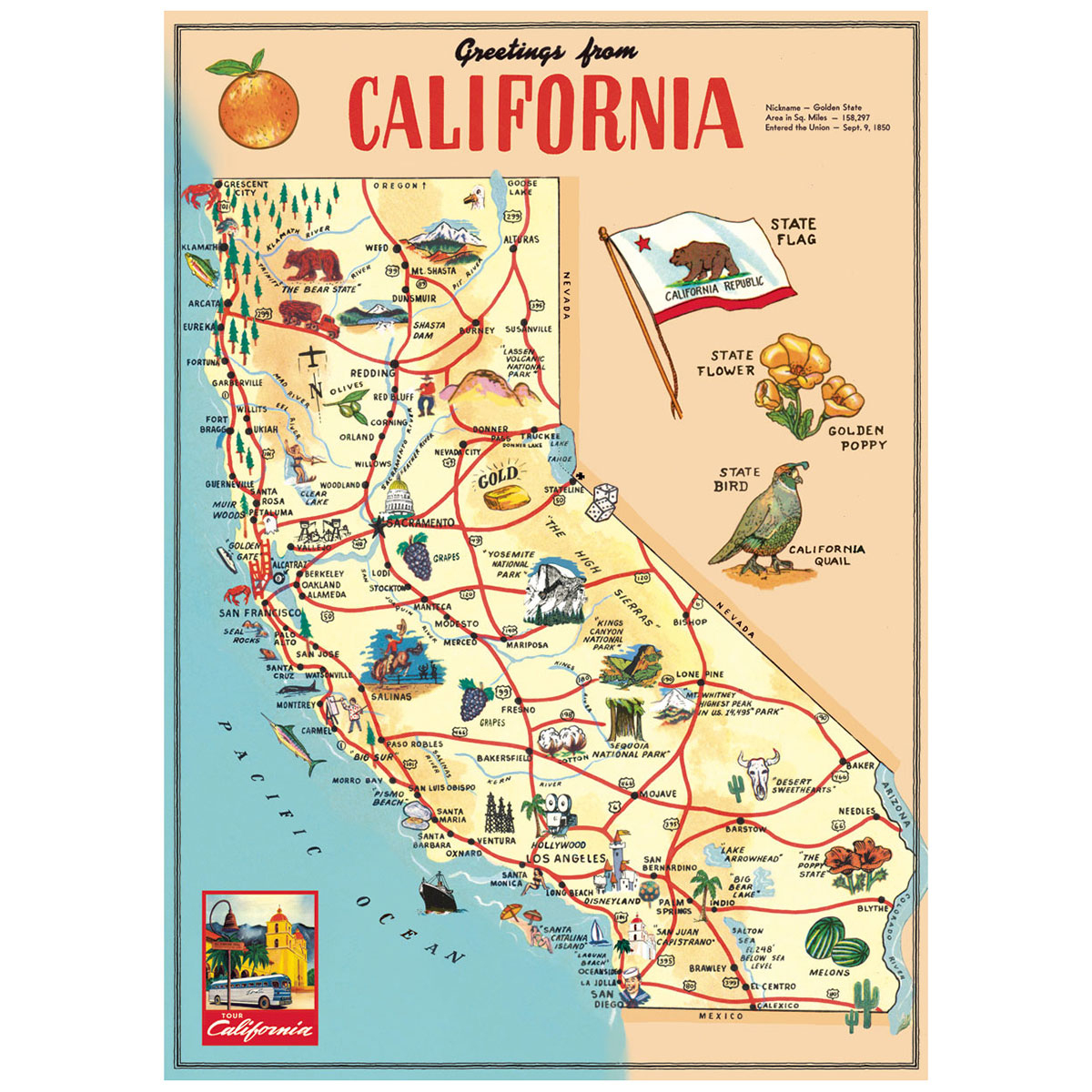 California Sightseeing Map Vintage Style Poster At Retro Planet - California Sightseeing Map