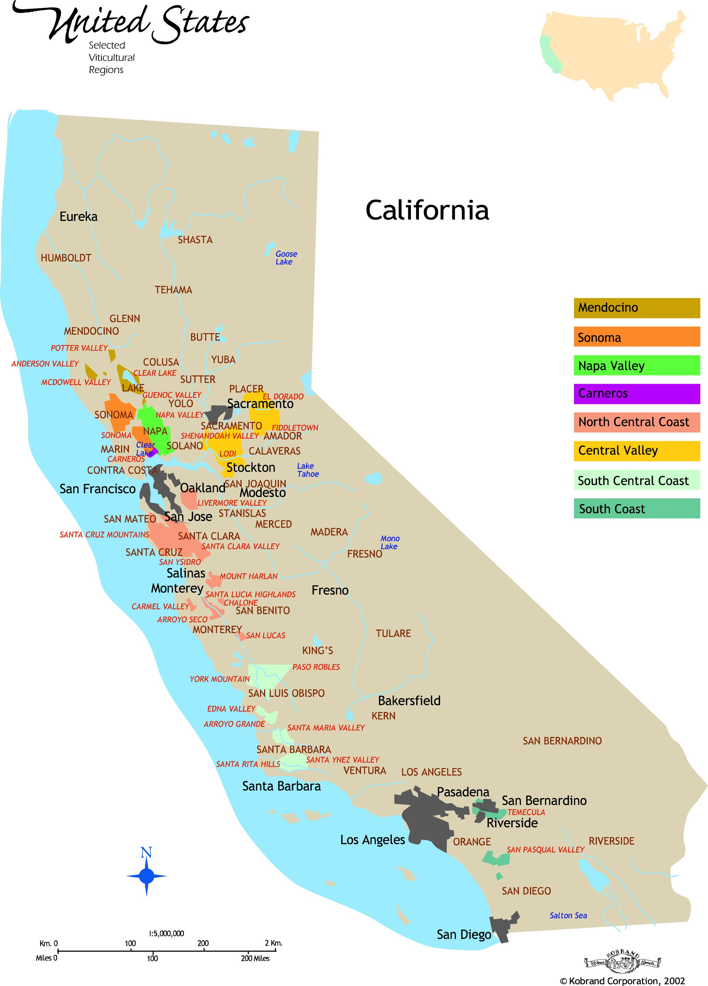 California Vineyard Wine Map | Les Vins Américains (Usa) / American - California Wine Map