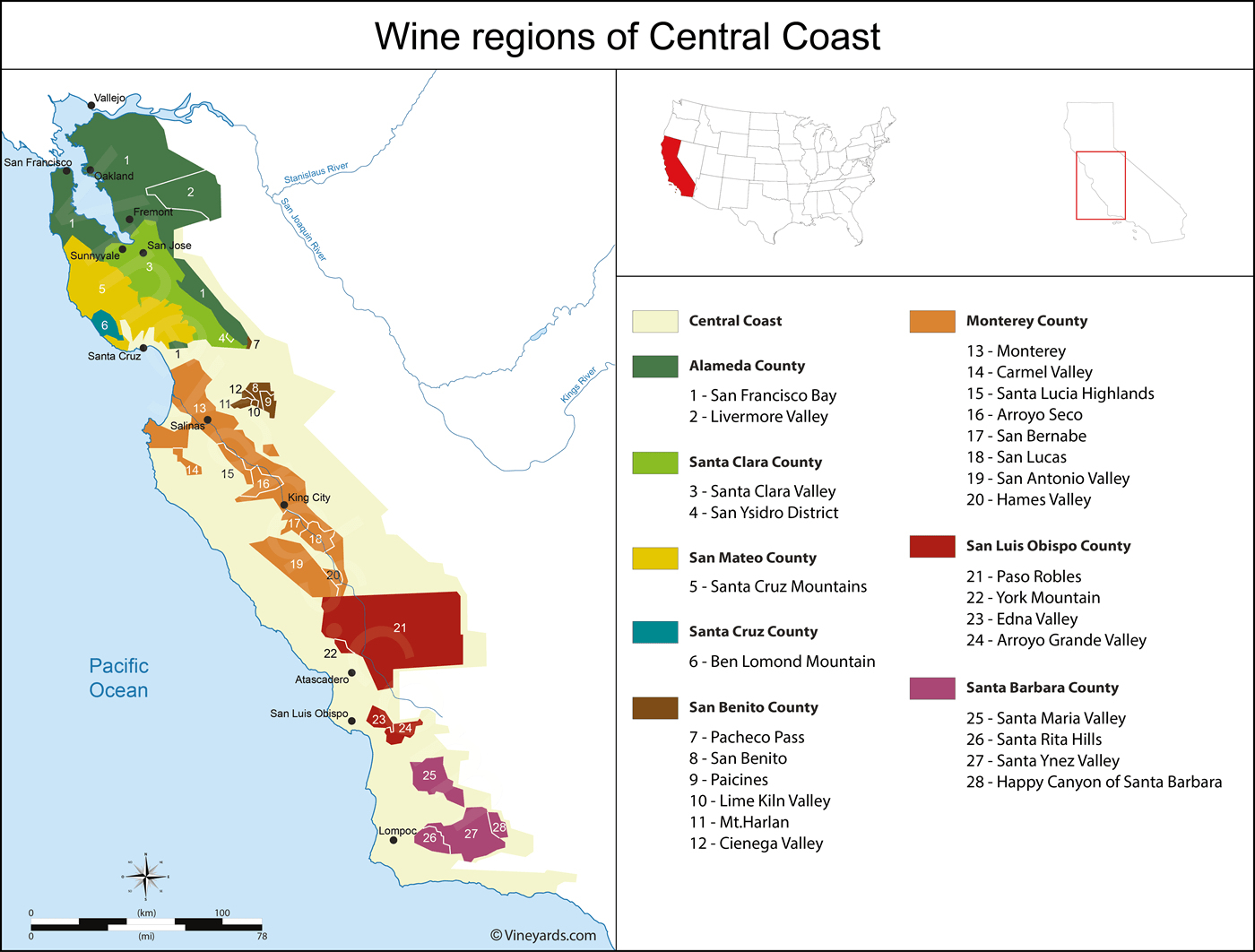 Californias Central Coast Maps With Road Central California Wineries - Central California Wineries Map