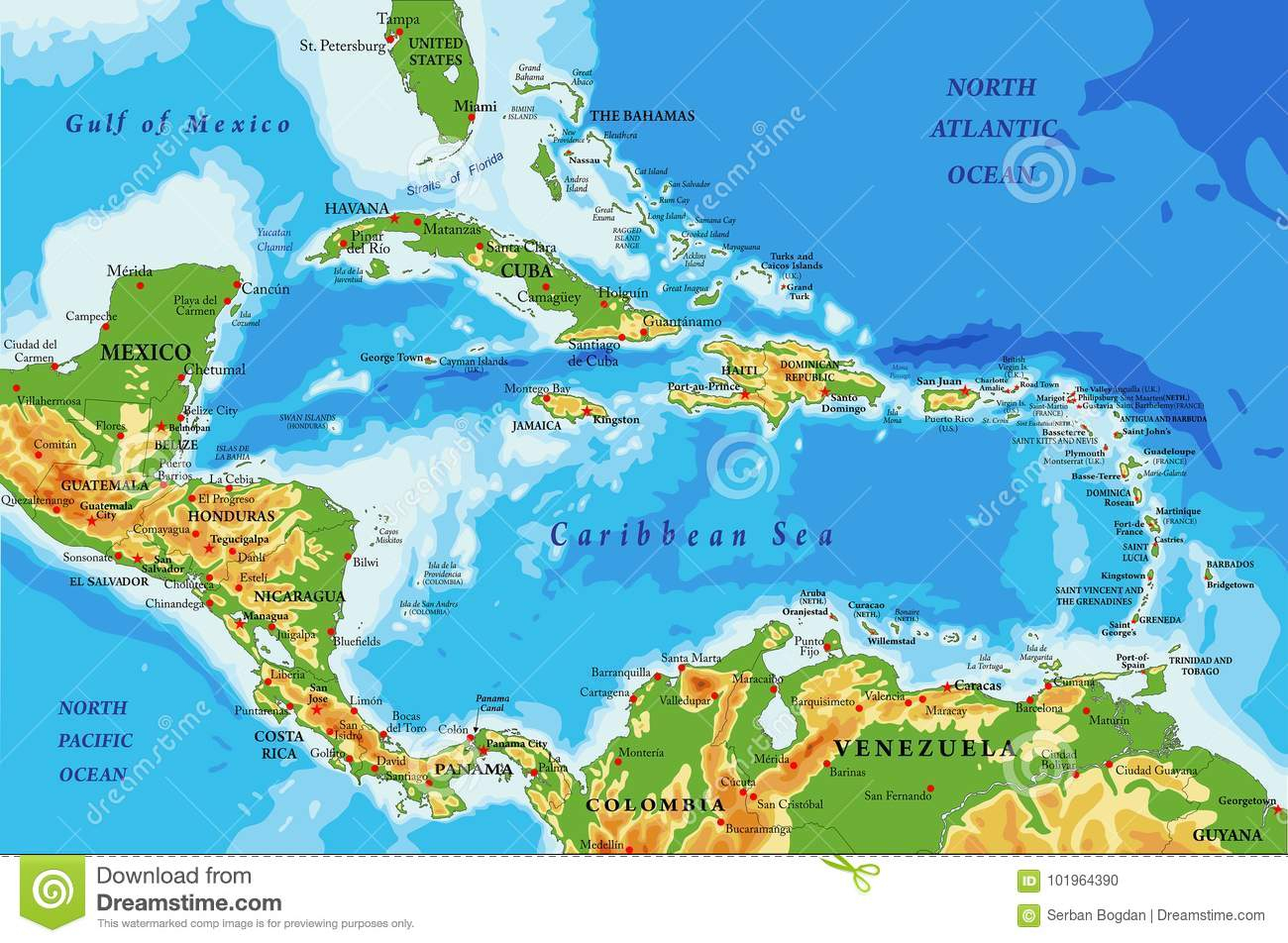 Central America And Caribbean Islands Physical Map Stock Vector - Map Of Florida And Caribbean