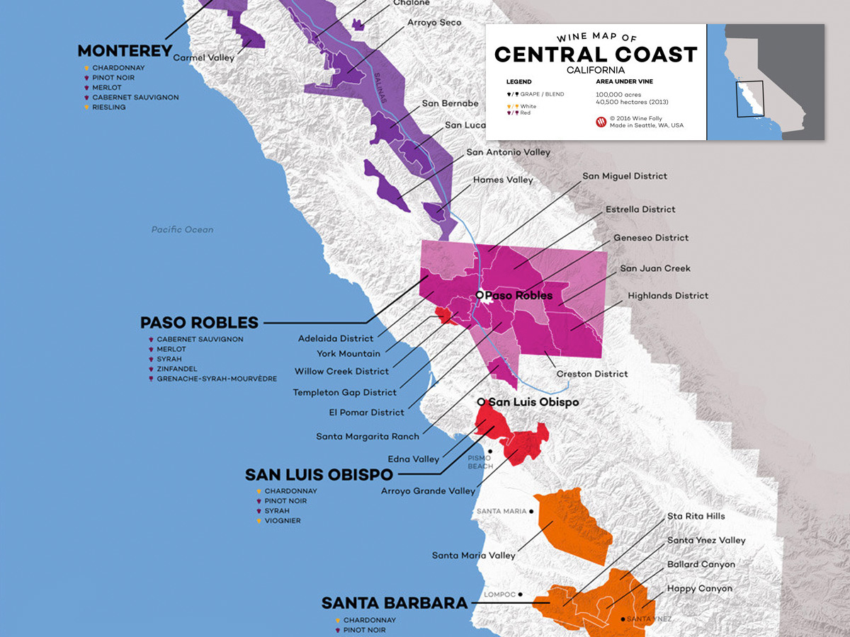 Central Coast Wine: The Varieties And Regions | Wine Folly - California Wine Ava Map