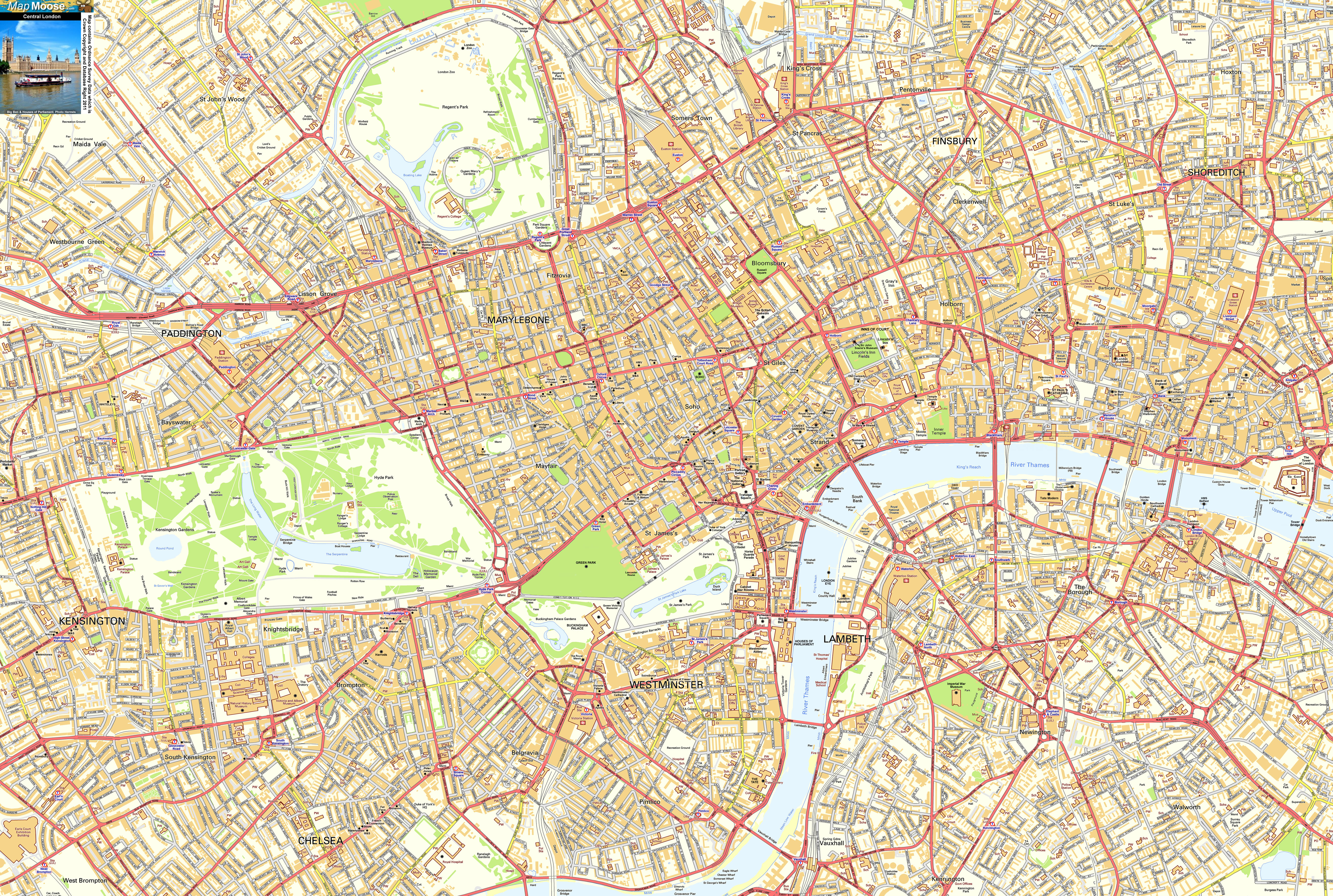 Central London Offline Sreet Map, Including Westminter, The City - Printable Street Map Of London