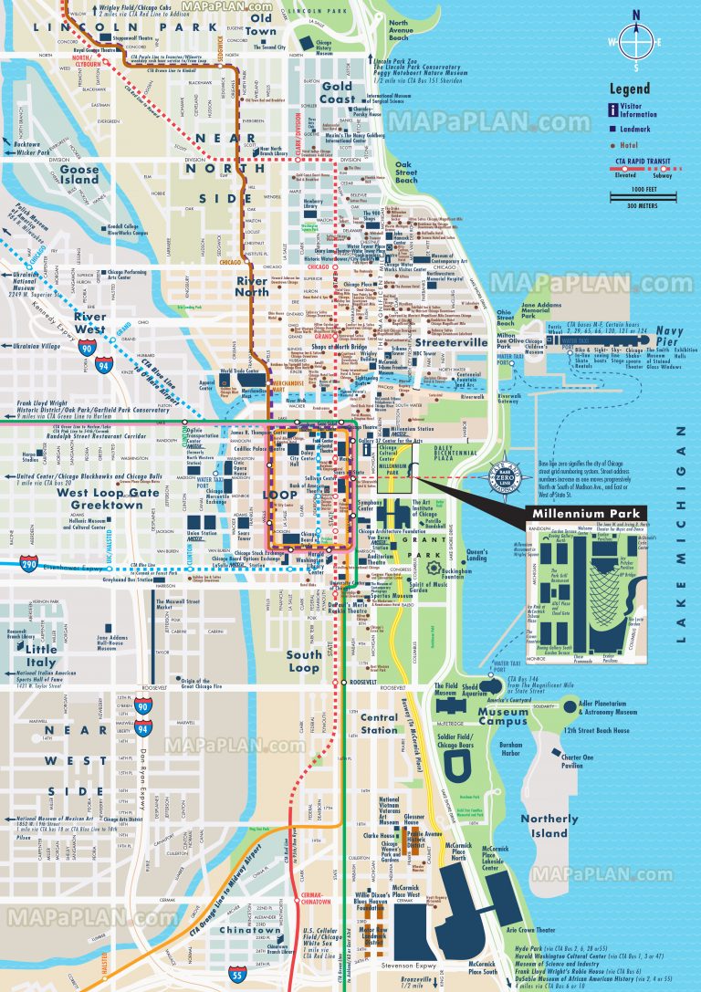 Chicago Map - Street & Road Names Plan With Central Most Popular - Map ...