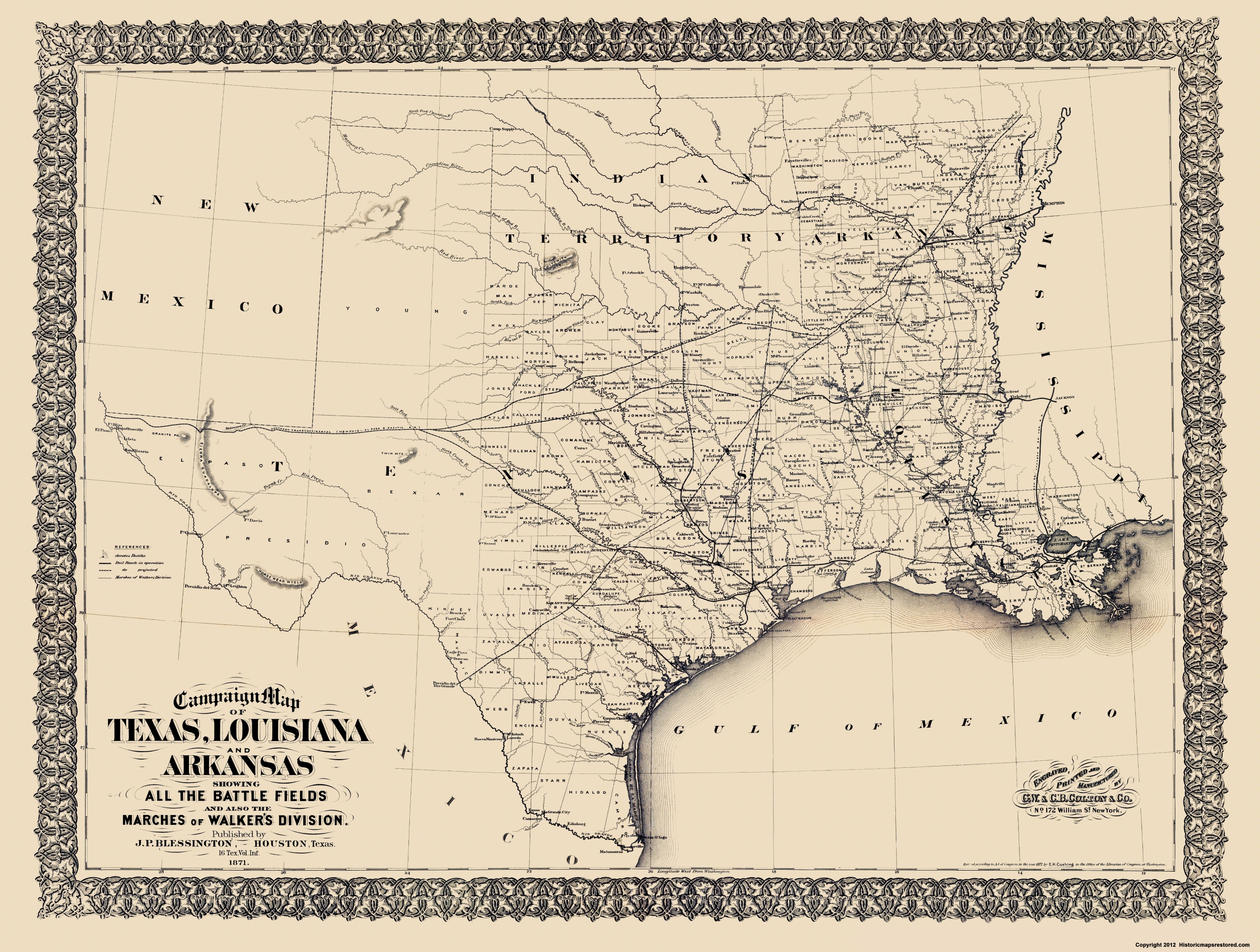 Civil War Map - Texas, Louisiana, &amp;amp; Arkansas 1871 - Texas Civil War Map