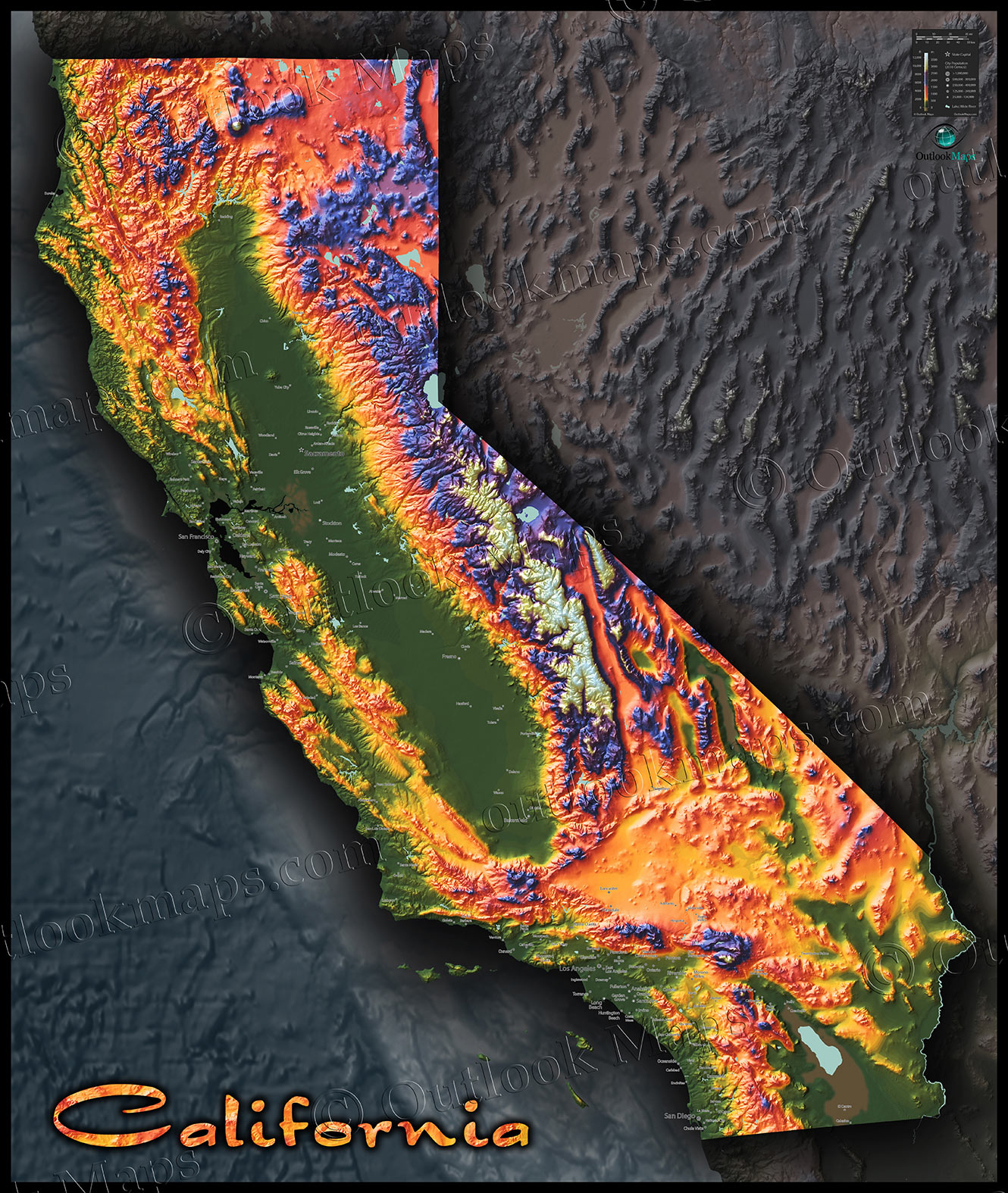 Colorful California Map | Topographical Physical Landscape - California Terrain Map