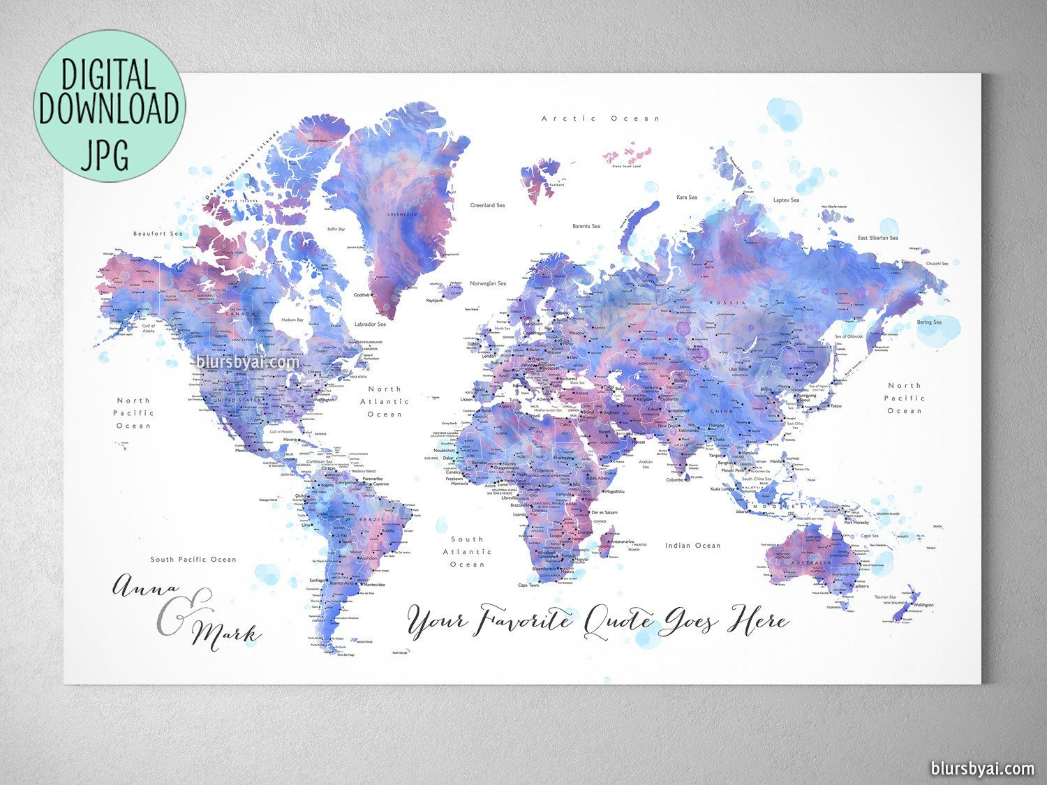 Custom Quote - Blue And Purple Watercolor Printable World Map With - Custom Printable Maps