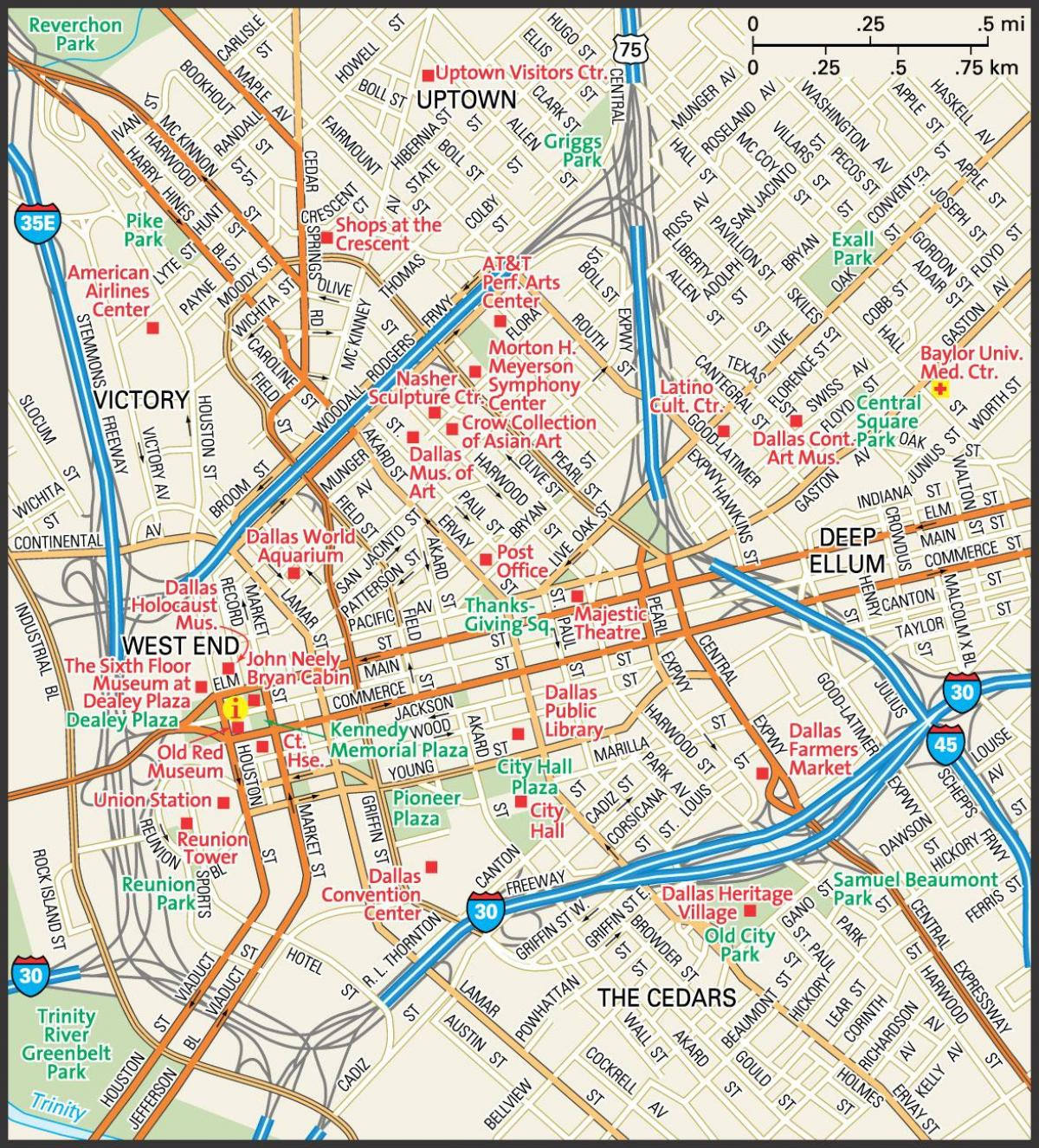 Dallas Street Map - Carte Du Centre-Ville Rues De Dallas (Texas - Usa) - Street Map Of Dallas Texas