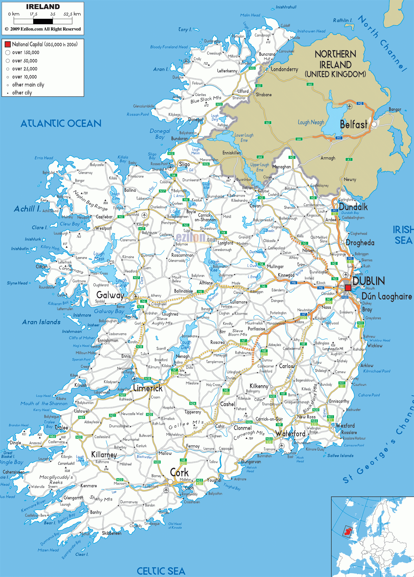 Detailed Clear Large Road Map Of Ireland - Ezilon Maps - Large Printable Map Of Ireland