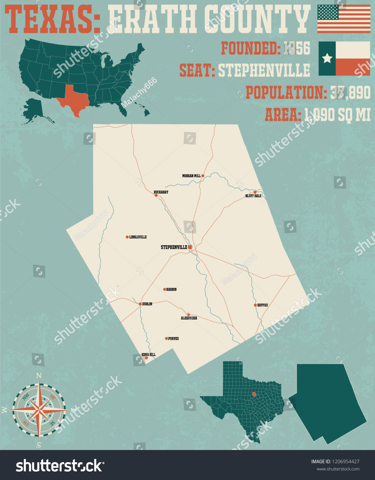Detailed Map Erath County Texas Usa Stock Vector (Royalty Free - Erath County Texas Map