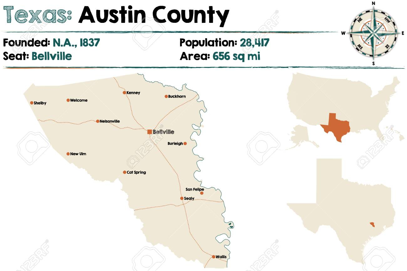 Detailed Map Of Austin County In Texas, United States Royalty Free - Austin County Texas Map
