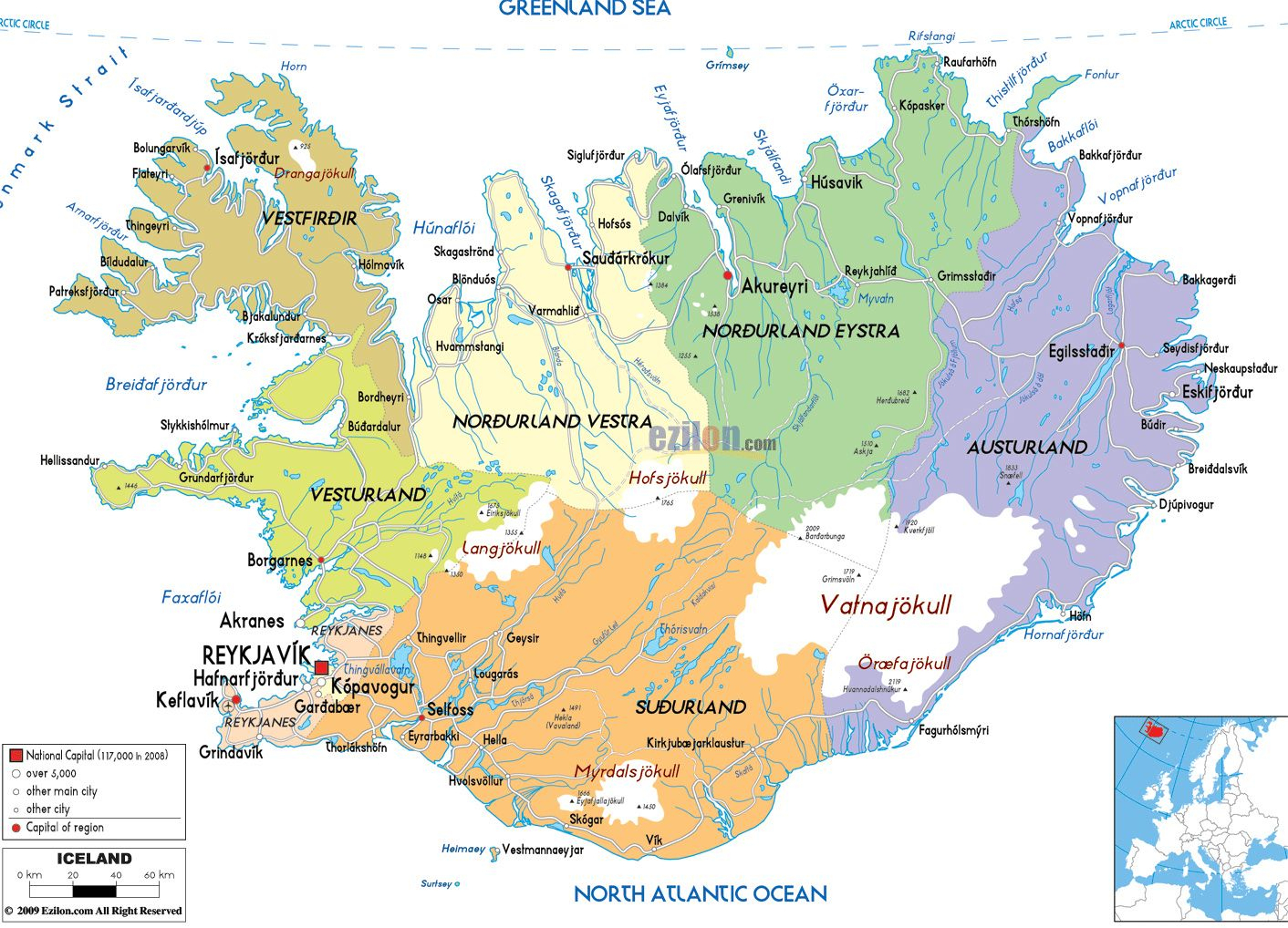 Detailed Political And Administrative Map Of Iceland With Roads - Printable Road Map Of Iceland