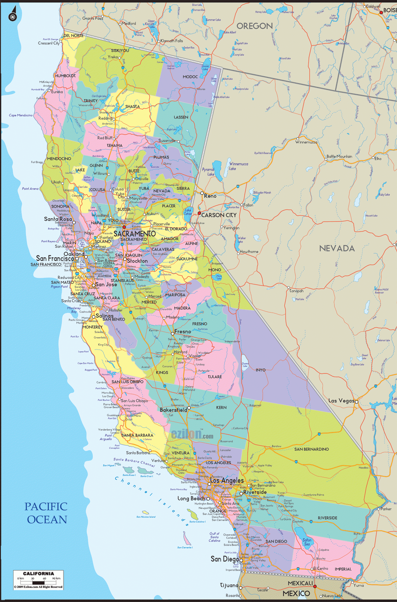 Detailed Political Map Of California - Ezilon Maps - Detailed Map Of California Usa