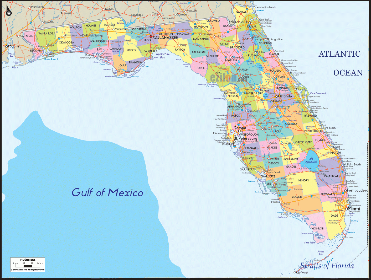 Detailed Political Map Of Florida - Ezilon Maps - Map Of Florida Counties And Cities