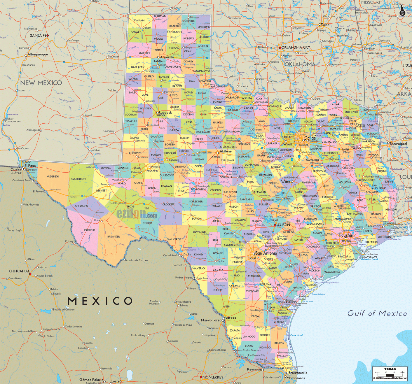 Detailed Political Map Of Texas - Ezilon Maps - Road Map Of Texas And Oklahoma