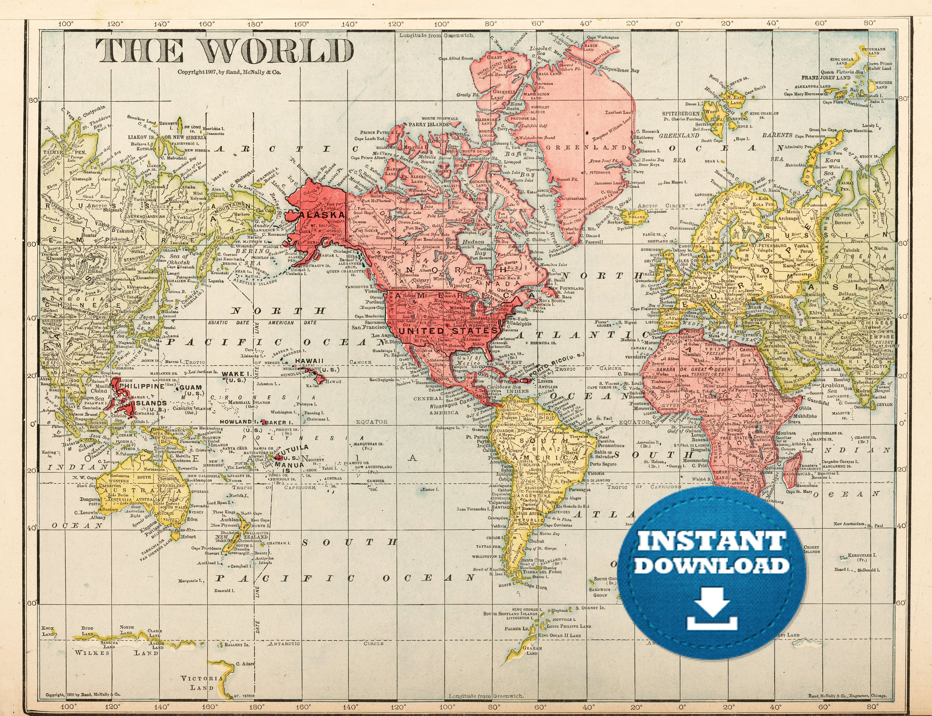 Digital Old World Map Printable Download. Vintage World Map. | Etsy - Vintage World Map Printable
