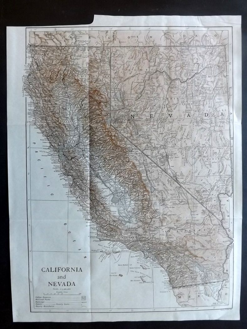 Encyclopaedia Britannica 1911 Antique Map. California And Nevada - Antique Map Of California