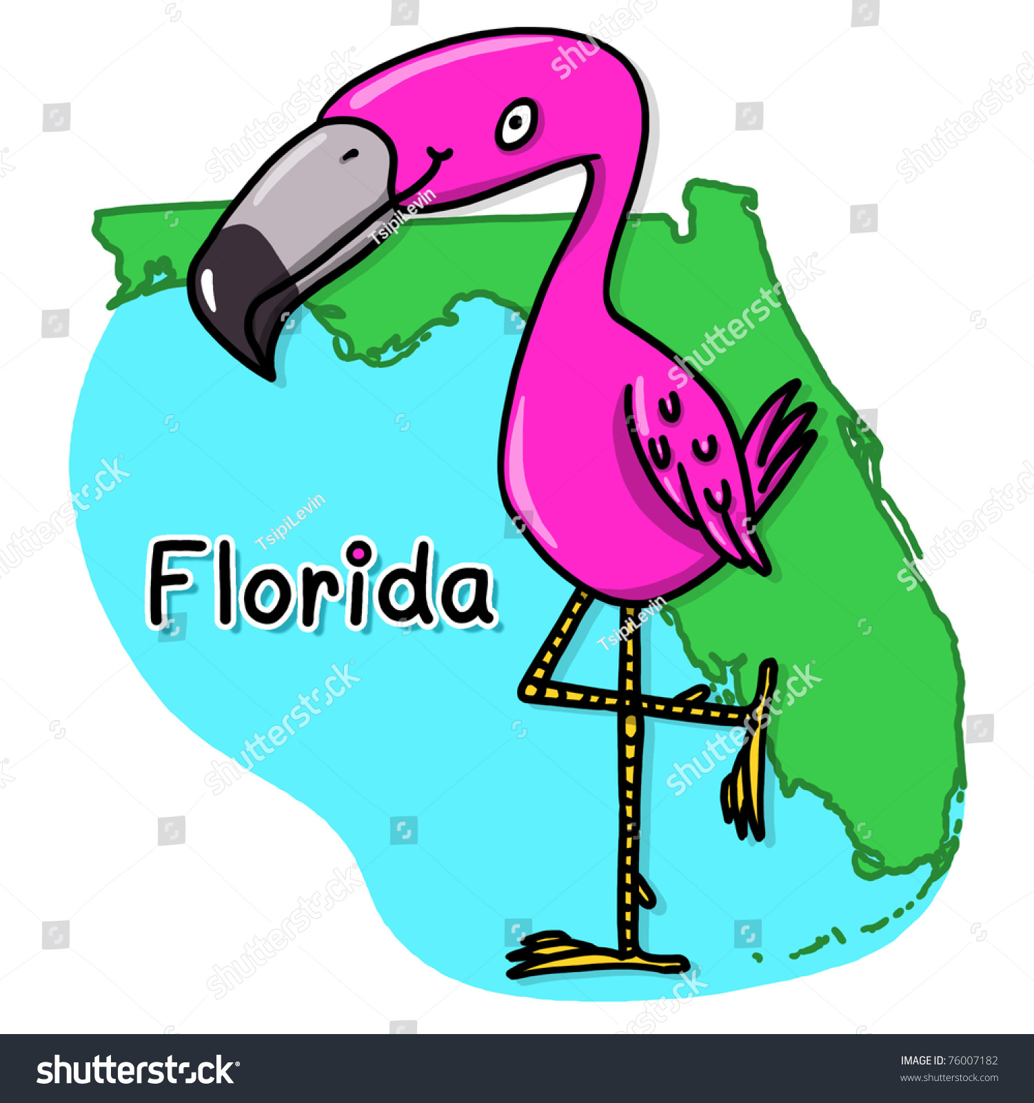 Flamingo Over State Florida Map Illustration Stock Illustration - Florida Cartoon Map