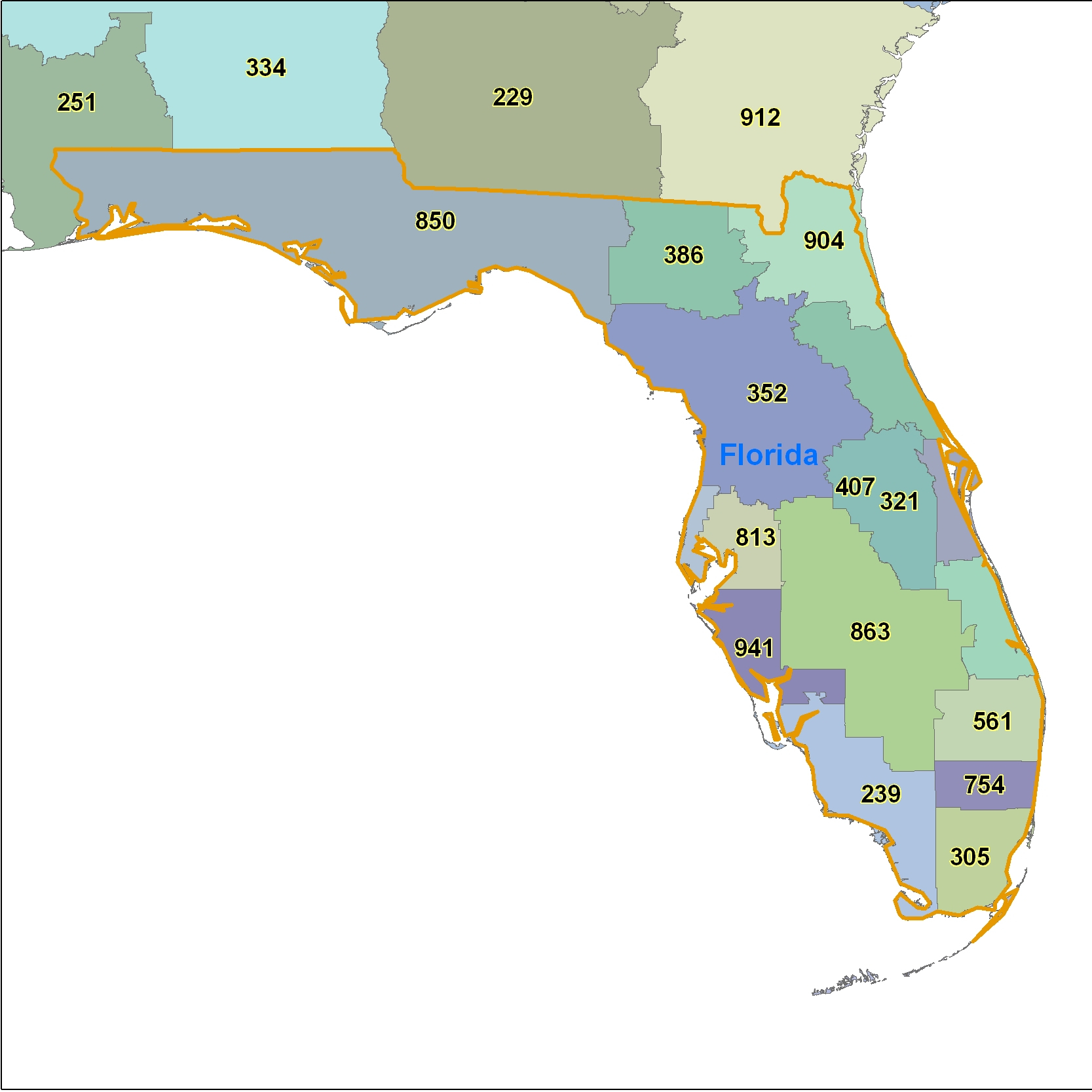 Florida Area Code Maps -Florida Telephone Area Code Maps- Free - Florida Zip Code Map