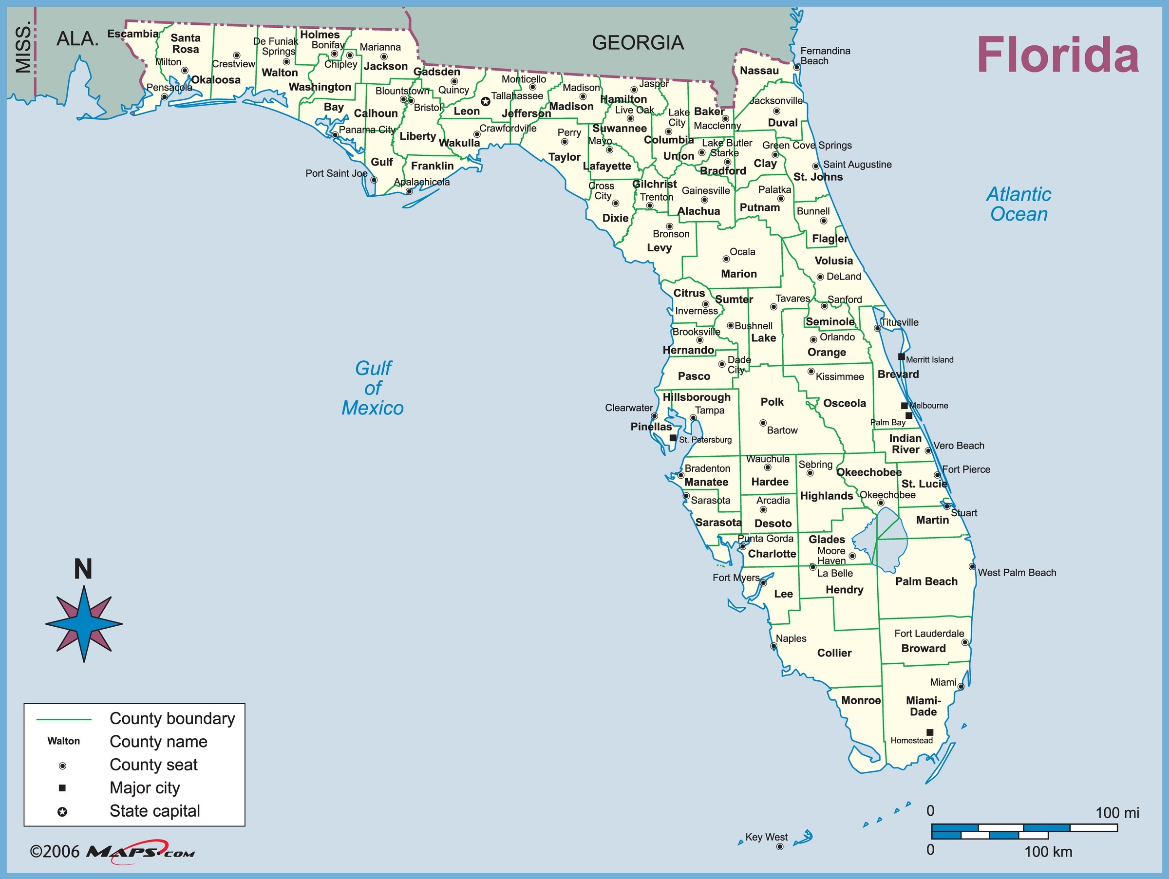Florida County Outline Wall Map - Maps - Laminated Florida Map