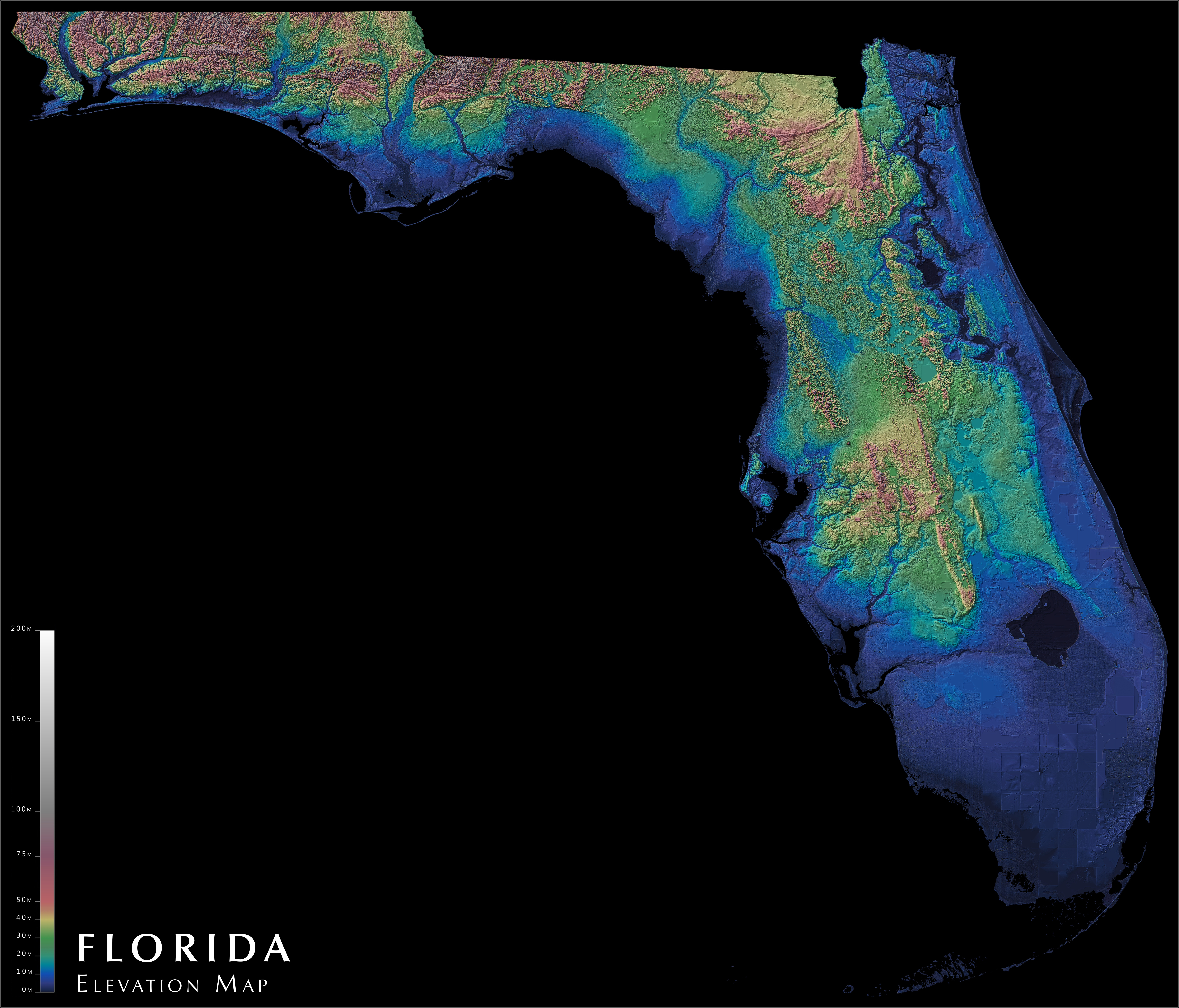 Florida Elevation Map [8000X6840] [Oc] : Mapporn - Florida Elevation Above Sea Level Map