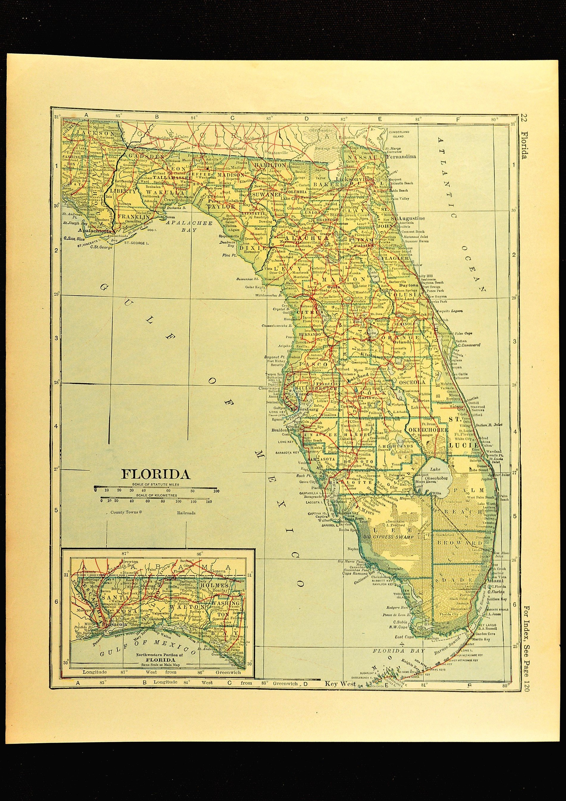Florida Map Of Florida Wall Decor Art Railroad Antique | Etsy - Florida Map Wall Decor
