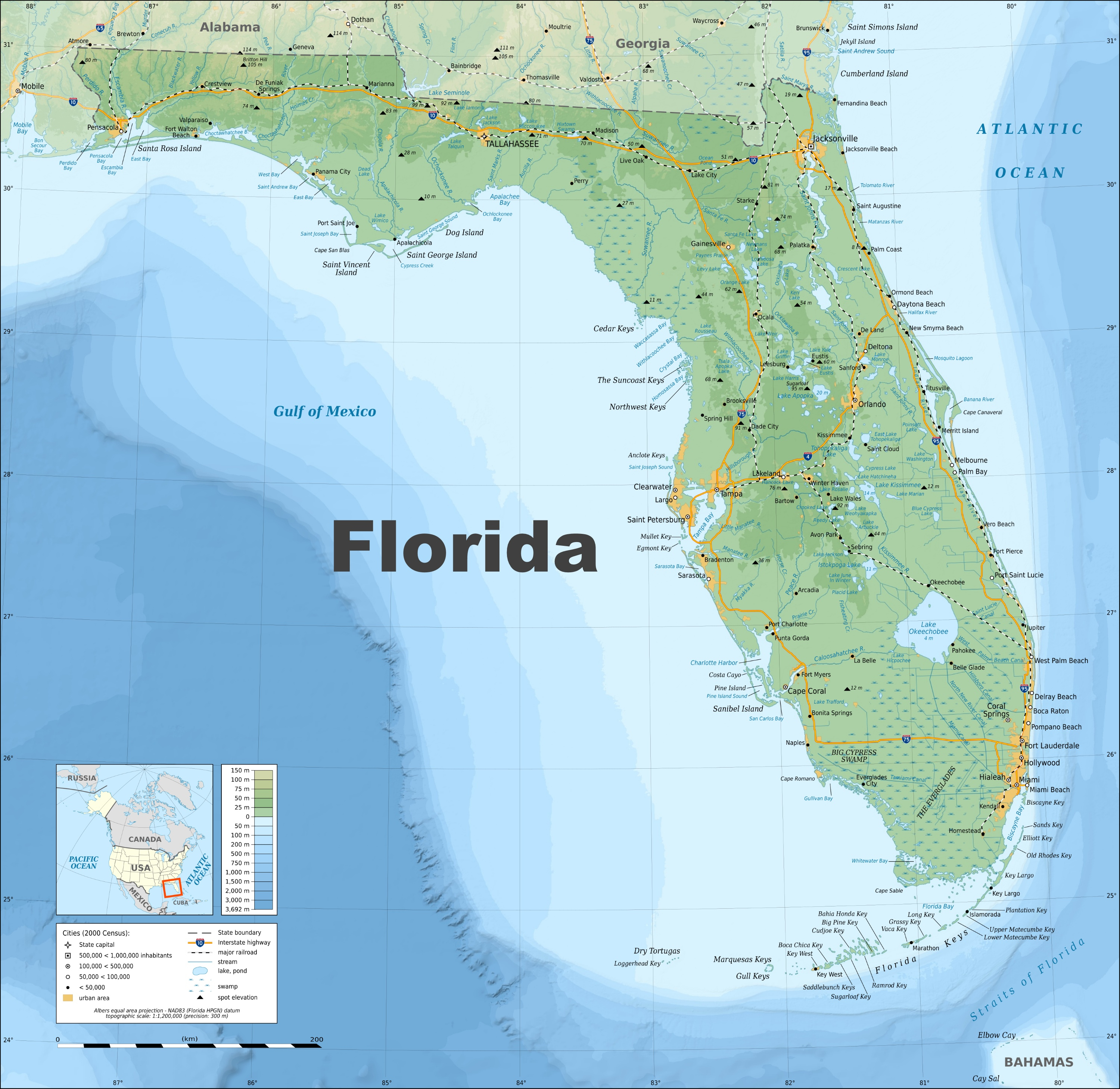 Florida Physical Map - Miami Florida Map