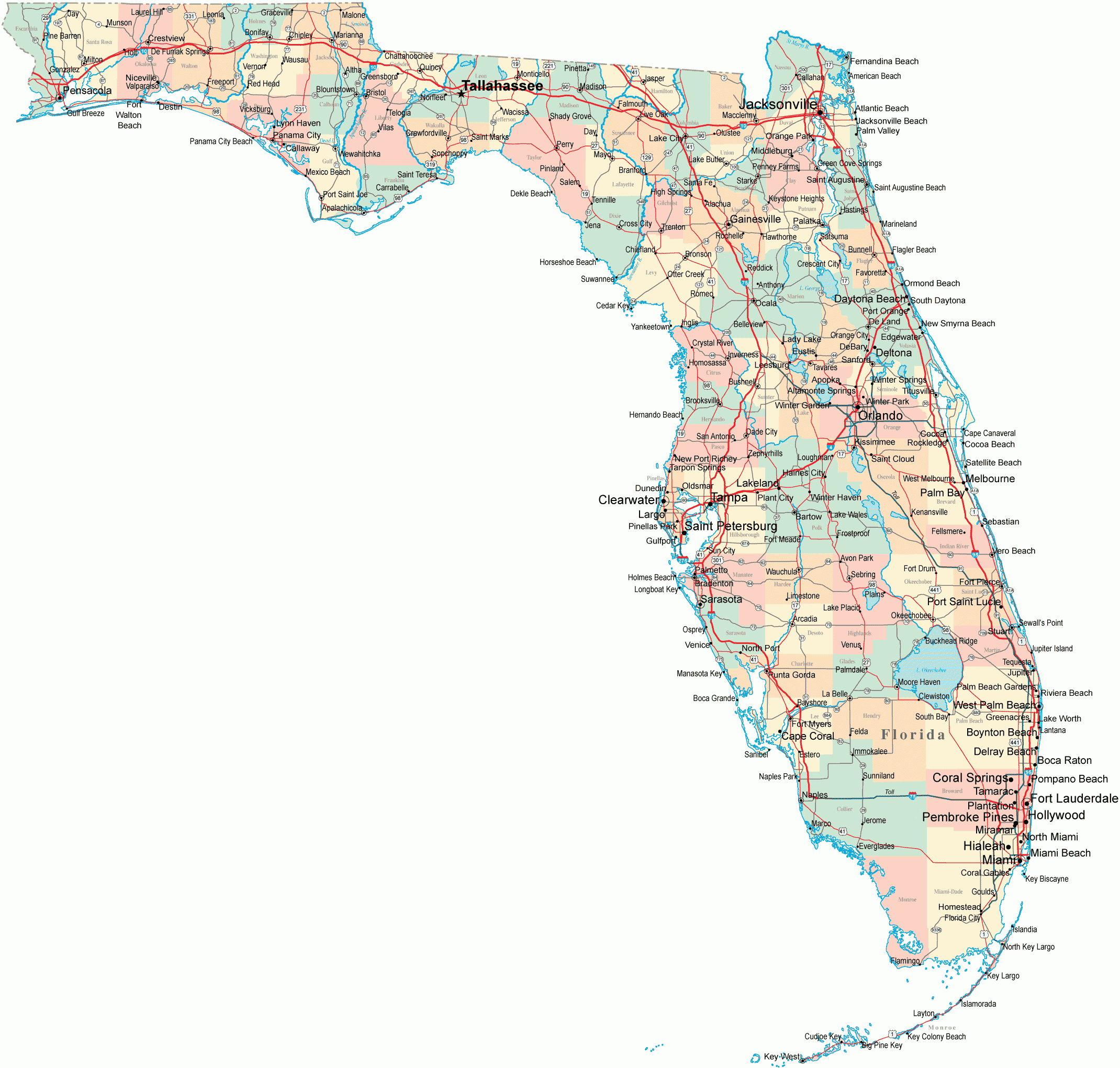 Florida Road Map - Fl Road Map - Florida Highway Map - Map Of South Florida Towns