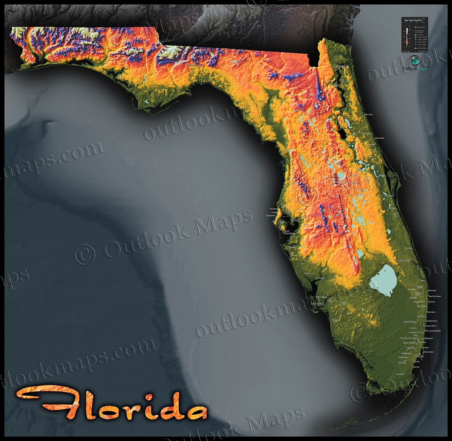 Florida Topography Map | Colorful Natural Physical Landscape - South Florida Topographic Map