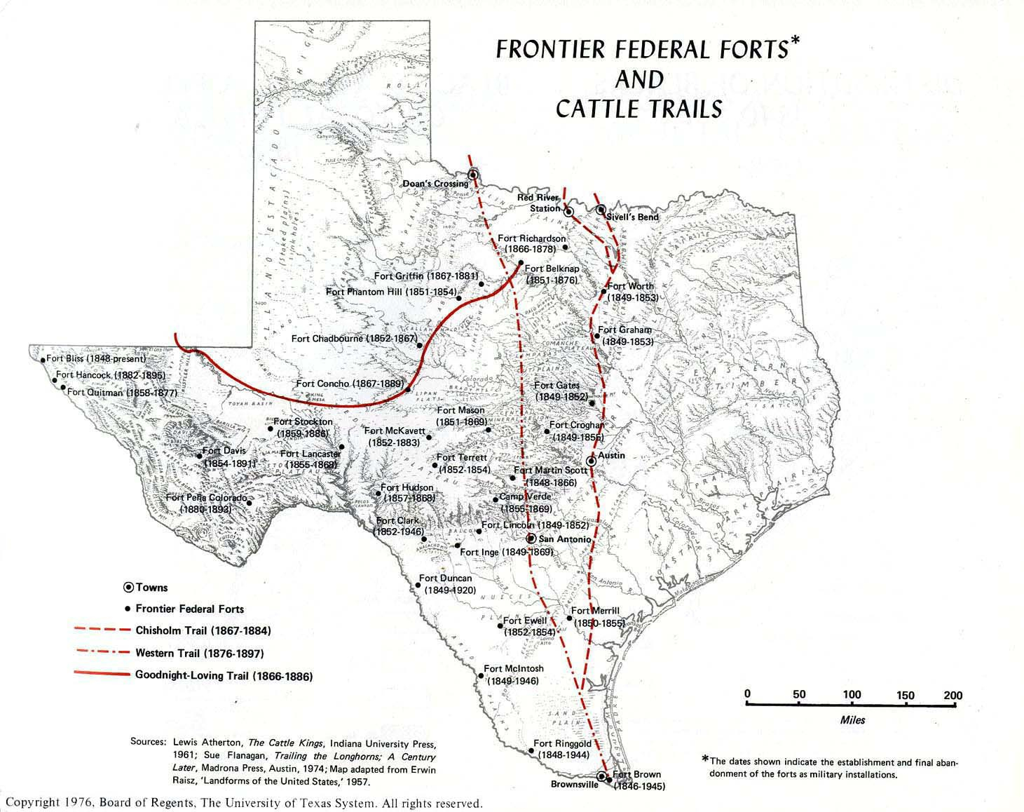 Frontier Federal Forts And Cattle Trails In Texas Historical Map - Texas Cattle Trails Map