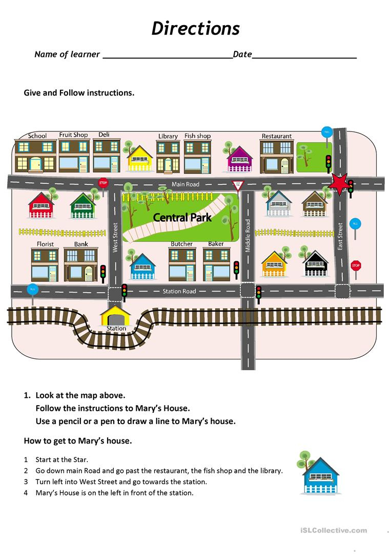 Give And Follow Directions On A Map Worksheet - Free Esl Printable - Free Printable Direction Maps