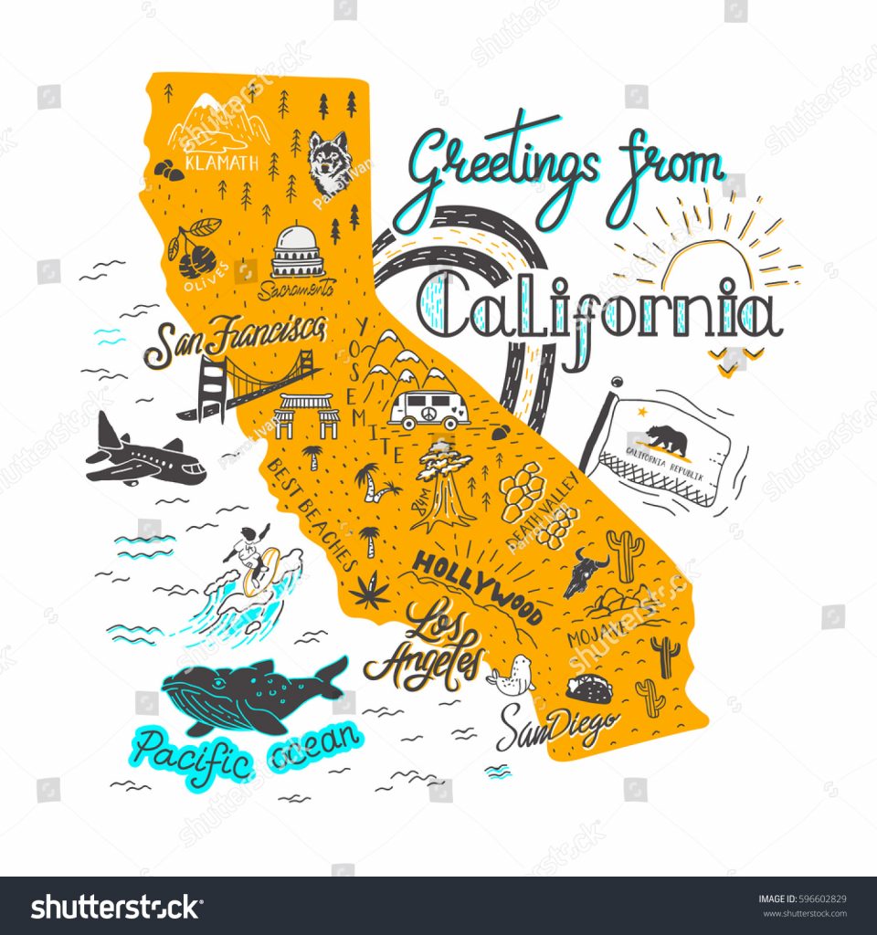 Hand Drawn Illustration California Map Tourist Image Vectorielle De ...