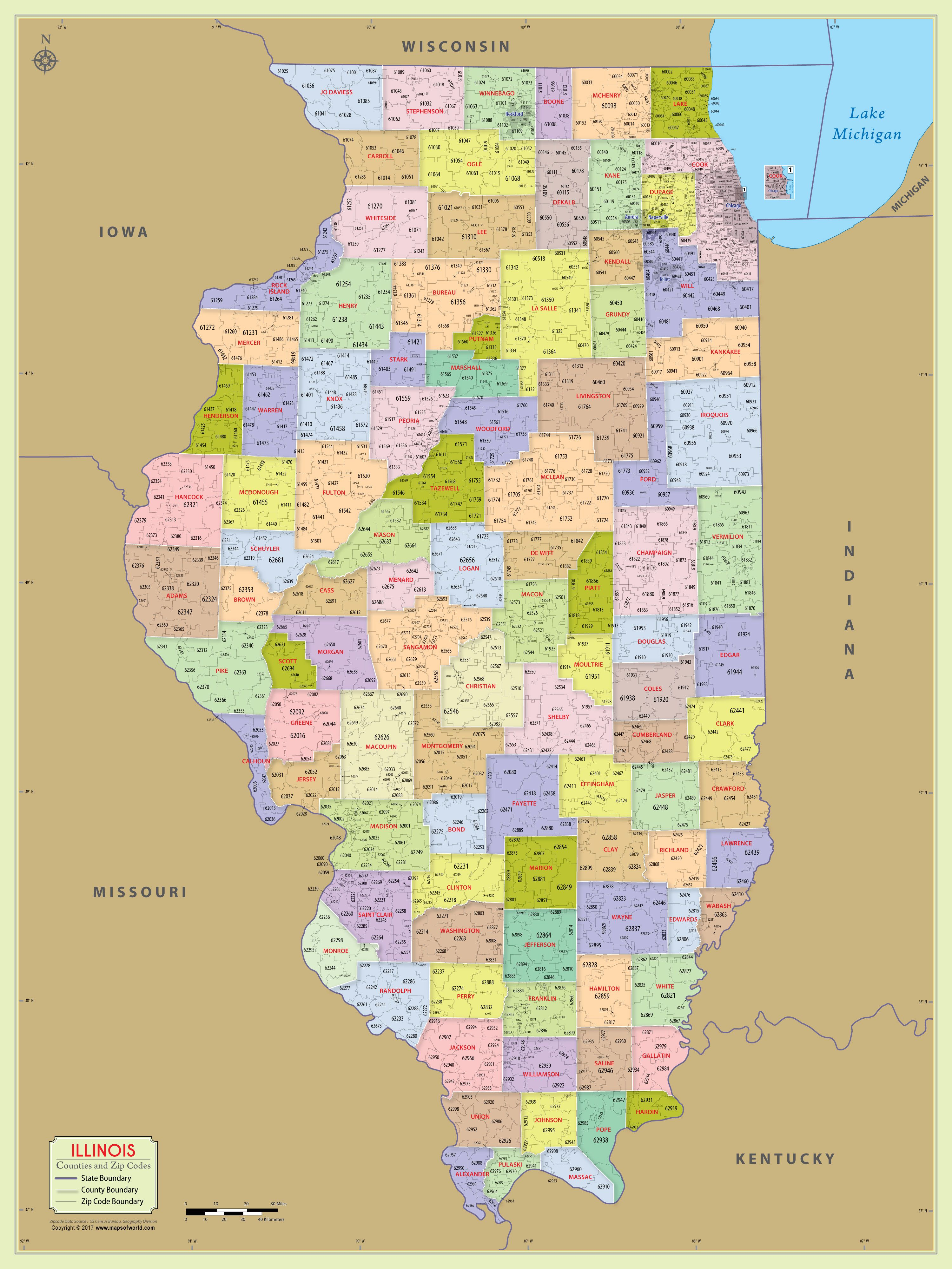 Illinois Zip Code Map With Counties (48″ W X 64″ H) | #worldmapstore - Printable Map Of Illinois