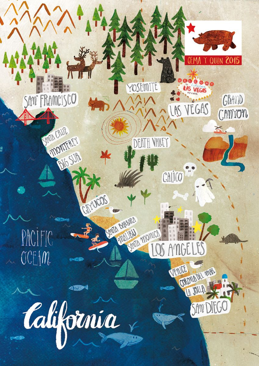 Illustrated Map Of California, Usa // Carte Illustrée De Californie - Illustrated Map Of California