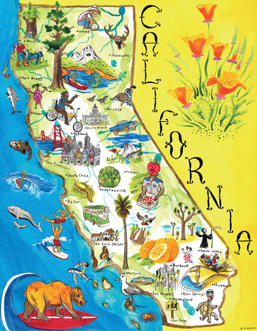 Illustrated Tourist Map Of California. California Illustrated - Illustrated Map Of California
