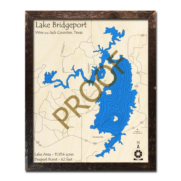 Lake Bridgeport, Texas 3D Wooden Map Framed Topographic Wood Chart