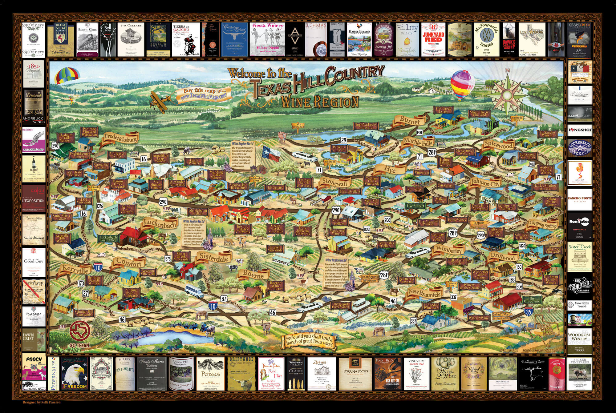 Laminated Texas Wine Map | Texas Wineries Map |Texas Hill Country - Fredericksburg Texas Winery Map
